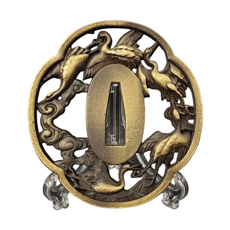 Tsuba with Crane Motif, Alloy, Modern Piece: Tsuba with Crane Motif, Alloy, Modern Piece Material: Alloy. Weight: Approximately 127 grams. Thickness: Approximately 6 millimeters. The item is only the tsuba; the sword stand is used for photograph