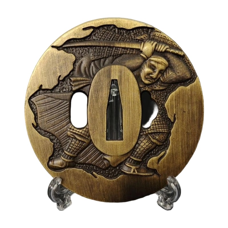 Tsuba with Samurai Motif, Alloy, Modern Piece. Tsuba, Sword Guard, Sword Art, Japanese Sword: Tsuba with Samurai Motif, Alloy, Modern Piece Material: Alloy, Weight: Approximately 136 grams, Thickness: Approximately 5 millimeters. The item is only the tsuba; the sword stand is for photography p