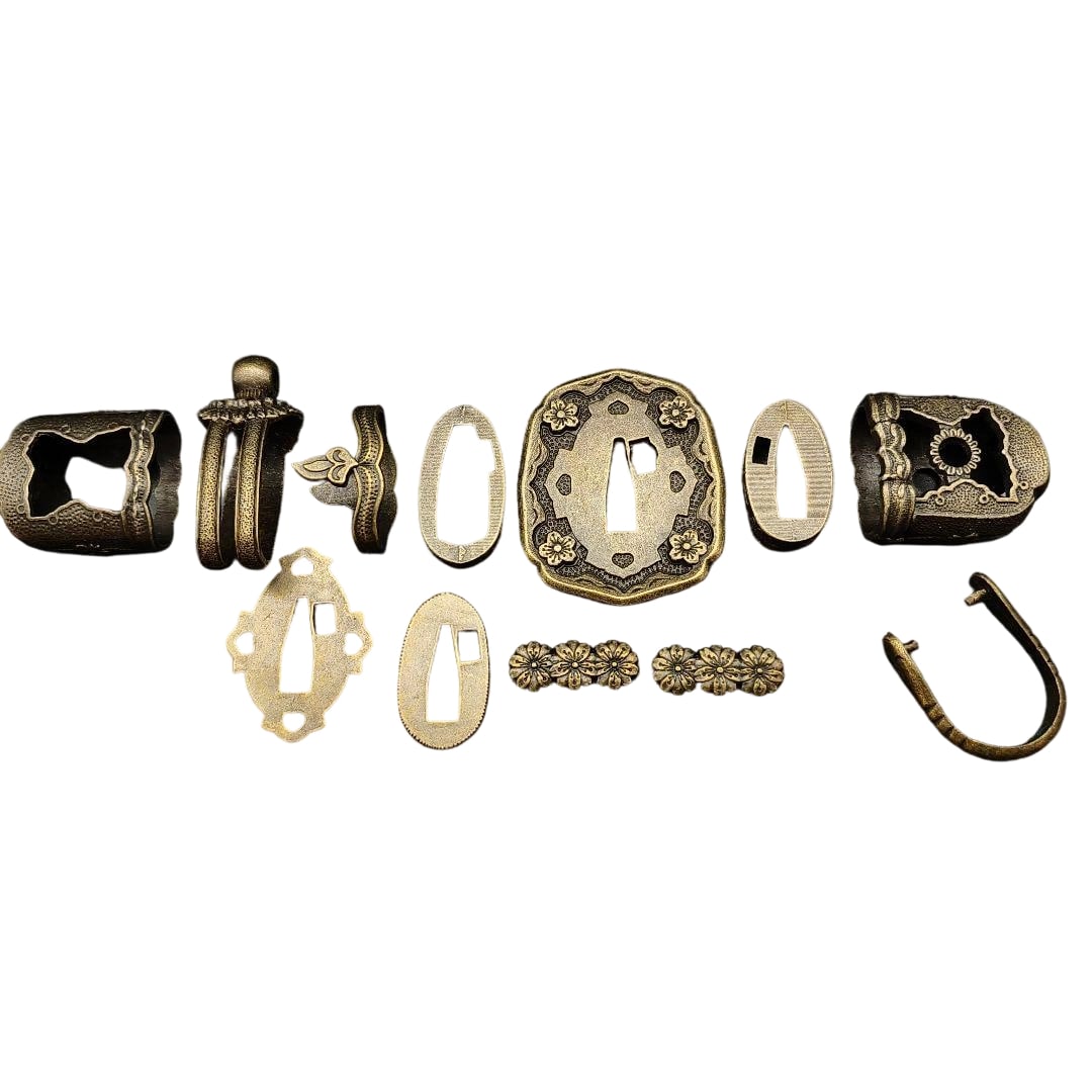 Japanese Sword Mountings: Japanese Military Gunto Koshirae Set, Made of Alloy: Japanese Sword Mountings: Japanese Military Sword Koshirae Set, Made of Alloy The set includes tsuba (sword guard), fuchi-kashira (pommel and collar), menuki (hilt ornaments), seppa (spacers), suspens
