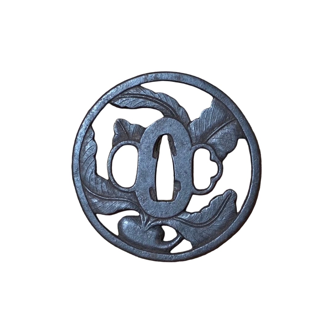 Japanese sword, tsuba, iron ground, design of wild grass, openwork carving, with box, antique, Edo (1 of 10)