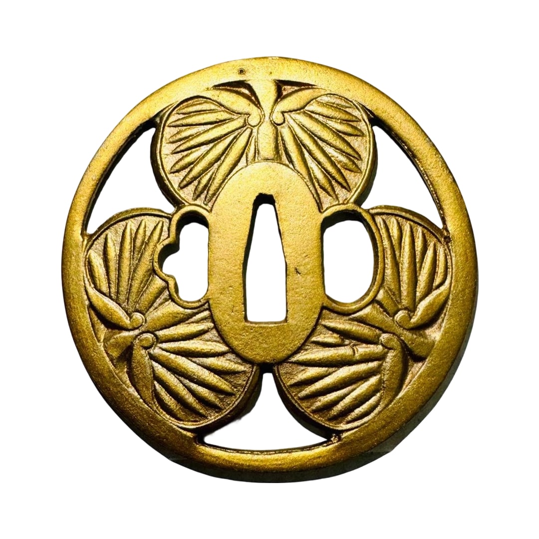Aoi-mon E Gold and Silver Double-sided Japanese Sword Ornament Replica: A Japanese sword tsuba (guard) adorned with the Tokugawa Ieyasu family crest "Mitsuaoi" (Three Hollyhocks within a circle). This is a single piece for sale, featuring a dual-sided design with a gold