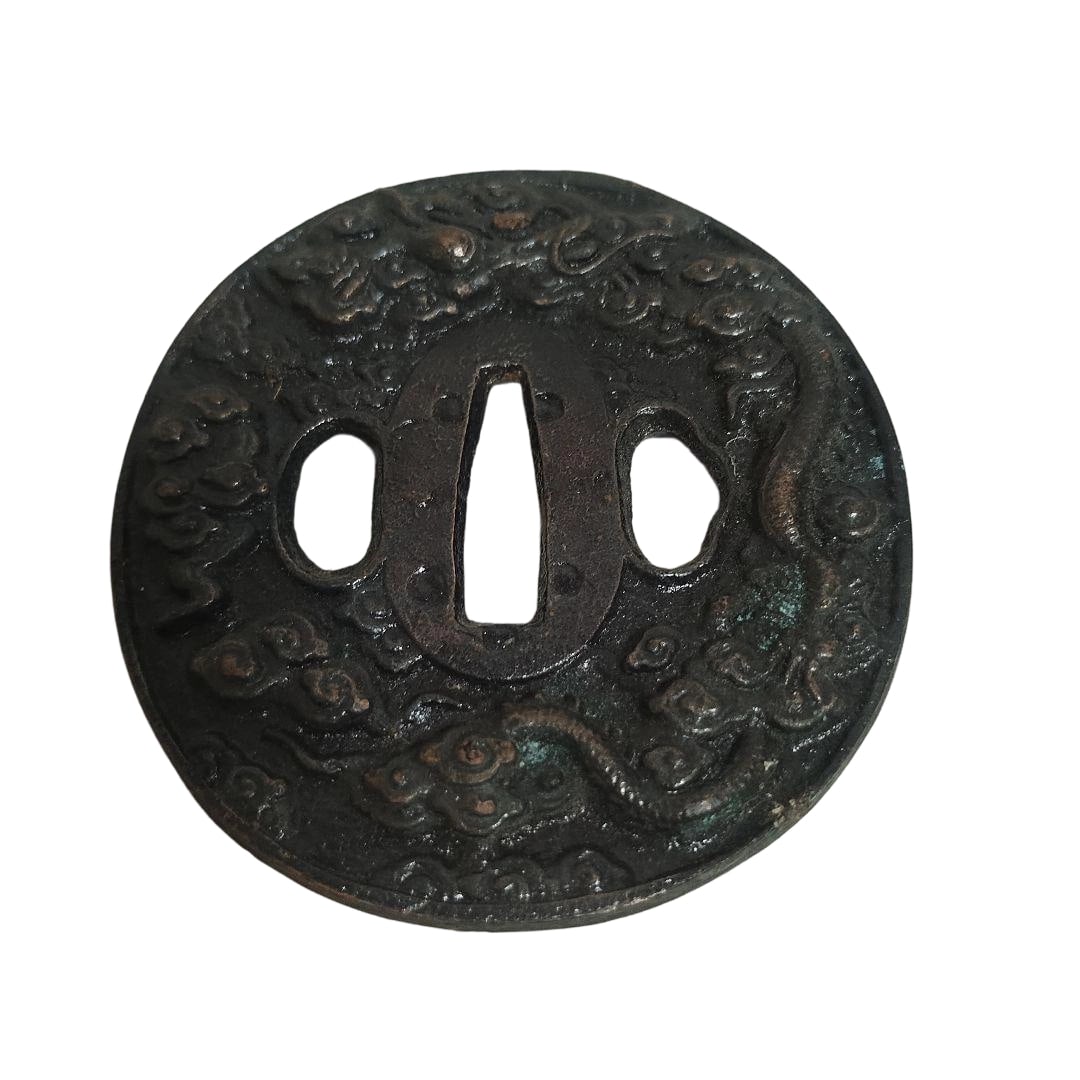 Antique Tsuba for Imitation Sword: Imitation Sword Tsuba Antique Color: Black. Unused. Condition: Deterioration present.