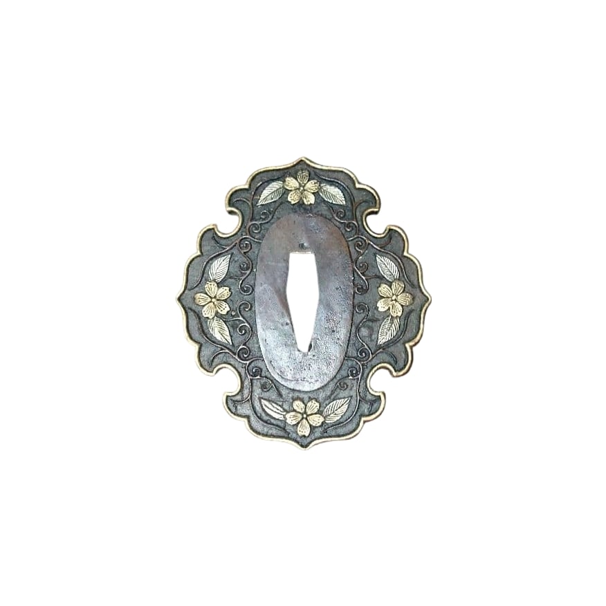 Tsuba with Gold and Silver Inlay: Tsuba with Gold and Silver Inlay This is a tsuba, with a cherry blossom pattern meticulously applied using the gold and silver inlay technique. The design features a cherry blossom motif, adorned