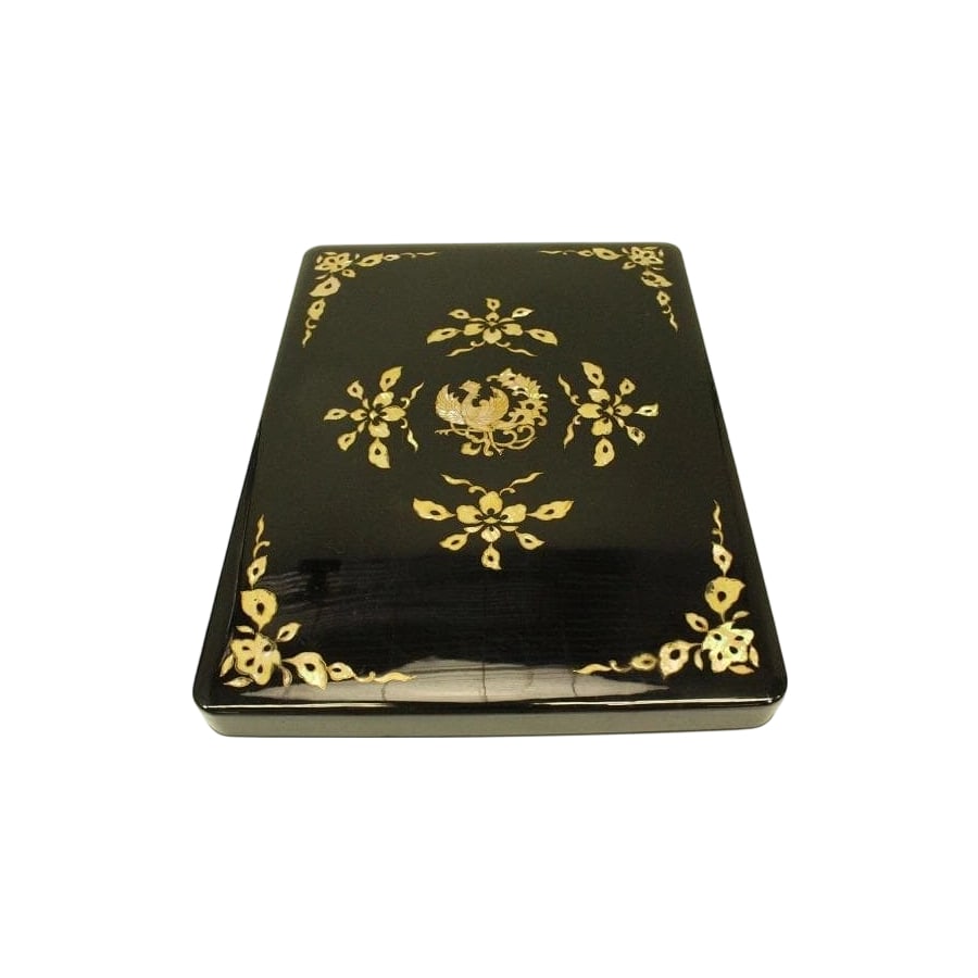 Tenpyo Pattern Raden by Tatsuki, with Tomobako (Original Box) from the Imperial Library Collection.: Dimensions: 25.2 cm x 33.4 cm Height 11.1 cm Tenpyo Pattern Raden (Mother-of-Pearl Inlay) Imperial Library Work by Tatsuki Akira, with Tomobako (Original Box) Silver Pavilion