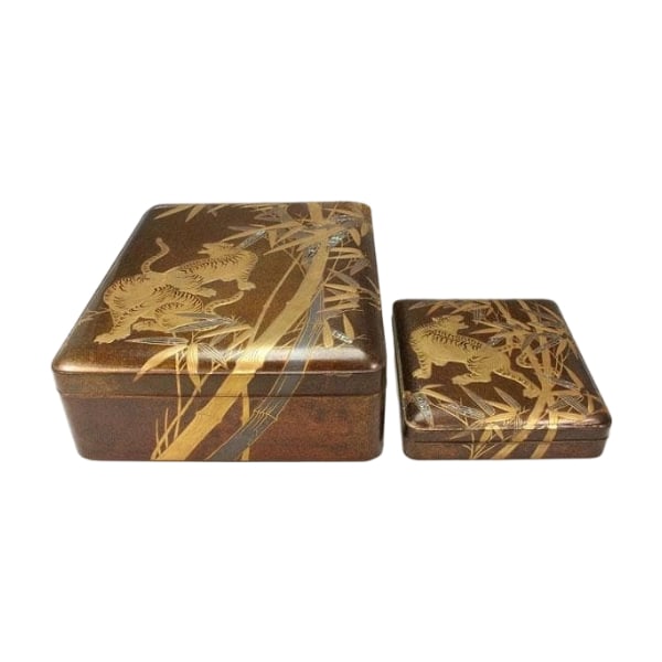Bamboo Grove Tiger Mother-of-Pearl Inlay Maki-e Bunko Inkstone Set Antique Art (1 of 14)