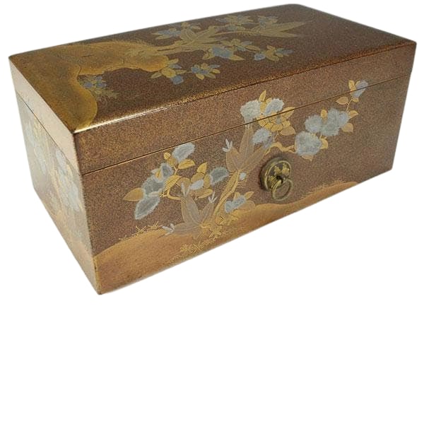 A writing box with rock garden and floral maki-e design, period, with embroidered interior, fine: Masterpiece: Rock Garden and Wildflower Maki-e Writing Box, Period. Interior: Embroidered Applique. Excellent Condition. Dimensions: 14cm x 27.5cm x Height 11.5cm.