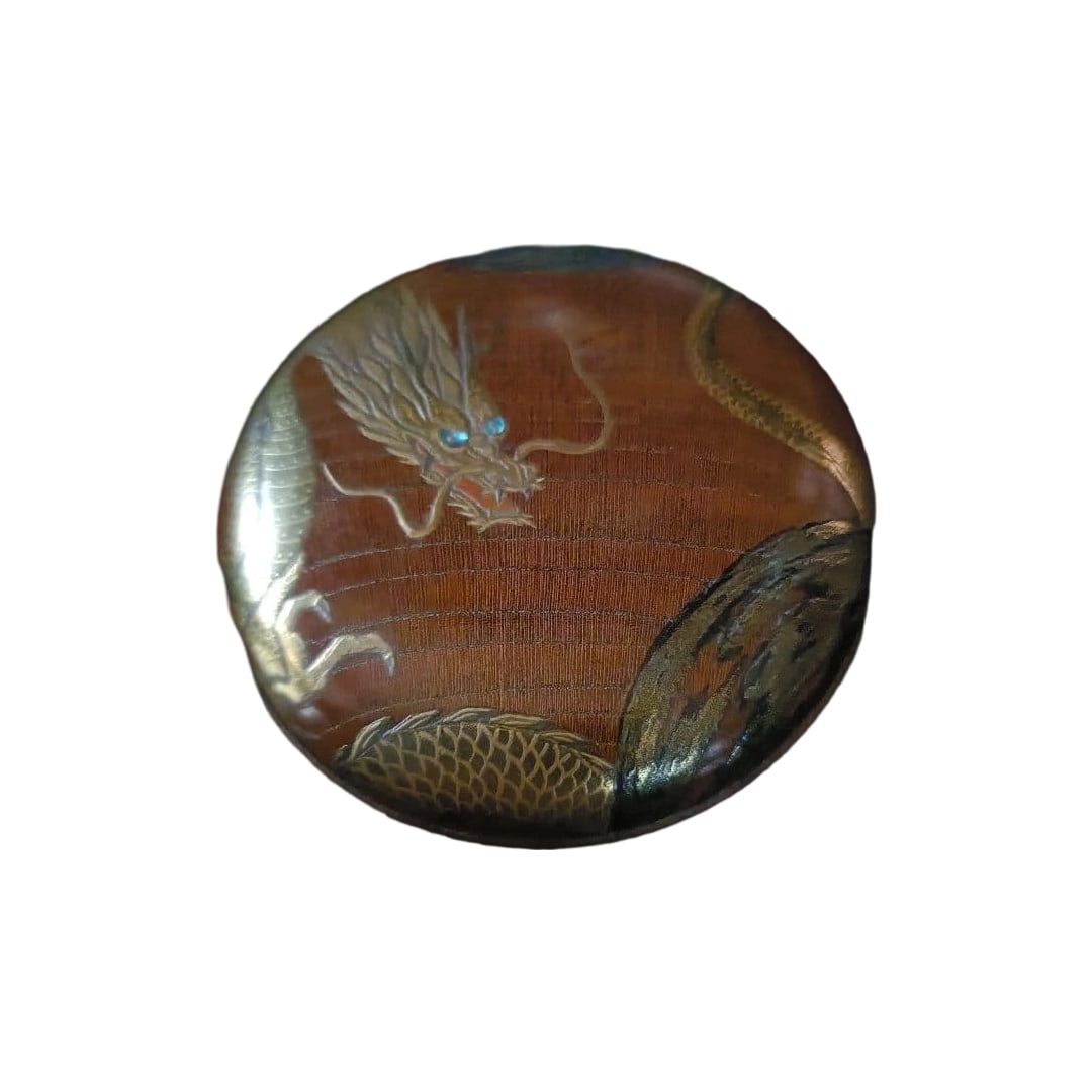 A few decades old dried beechwood incense container with mother-of-pearl inlay dragon maki-e incense: Kyoto Lacquer Artist Sasaki Shoan Work Spiral Incense Container, Genuine Lacquer with Gold Maki-e