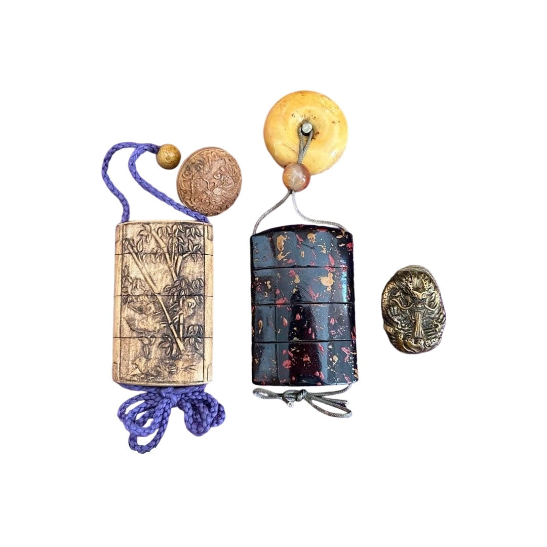 Inro and Netsuke Set with Bamboo and Bird Motif, Antique Inro and Netsuke Set (1 of 14)