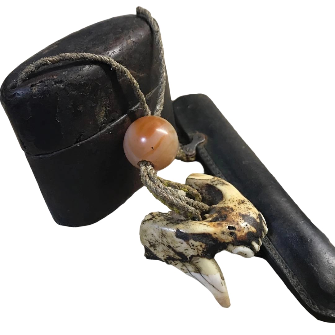 Netsuke in the form of a beast's fang, charm object, Japanese wolf, bear, tobacco pouch, pipe, (1 of 10)