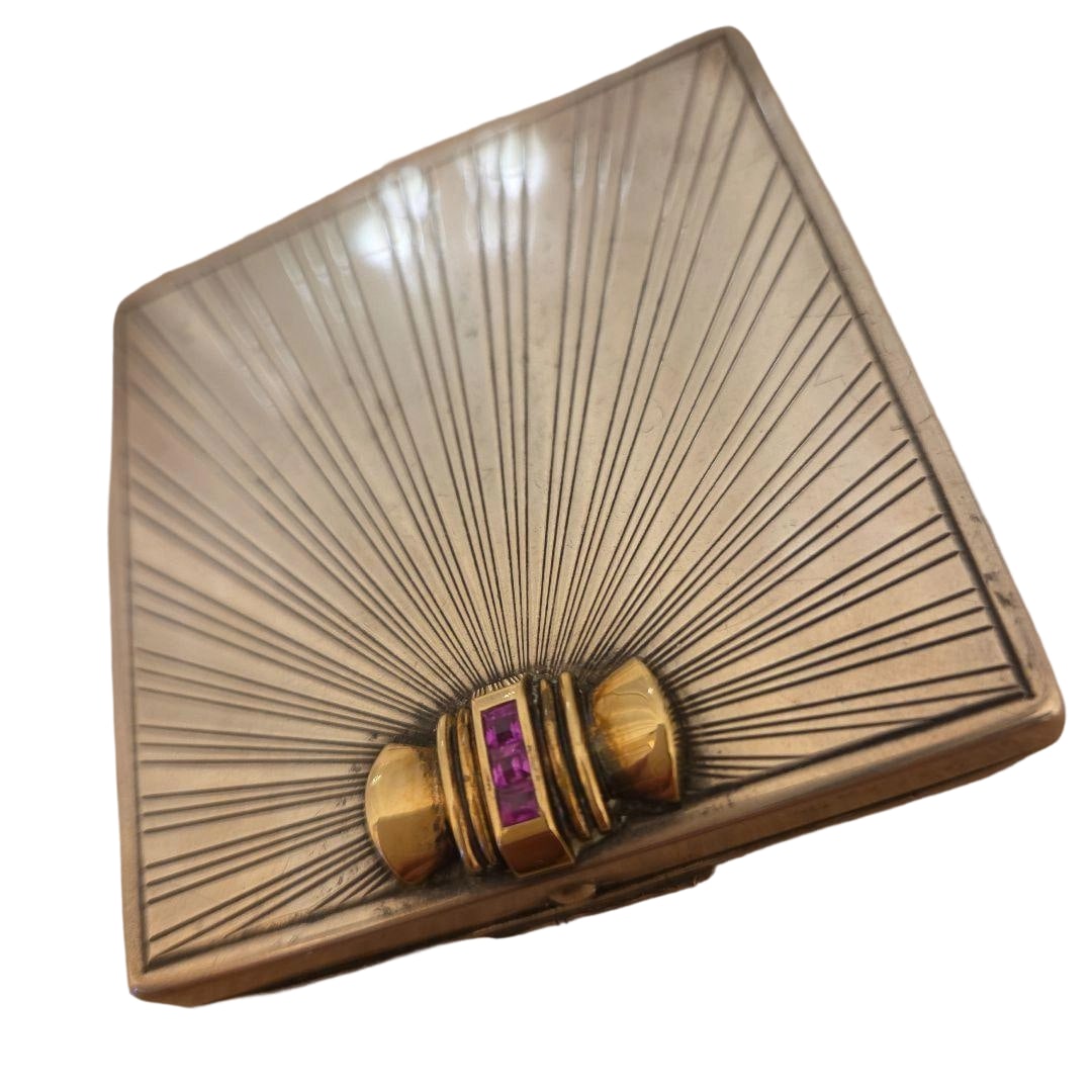 Circa 1930 Antique Tiffany Art Deco Style Pure Silver Box, 75 grams: This is a Tiffany Sterling Silver small box. The interior is engraved with the mark TIFFANY & CO. STERLING 14K. This box features a radiating design and gold embellishments. The design includes