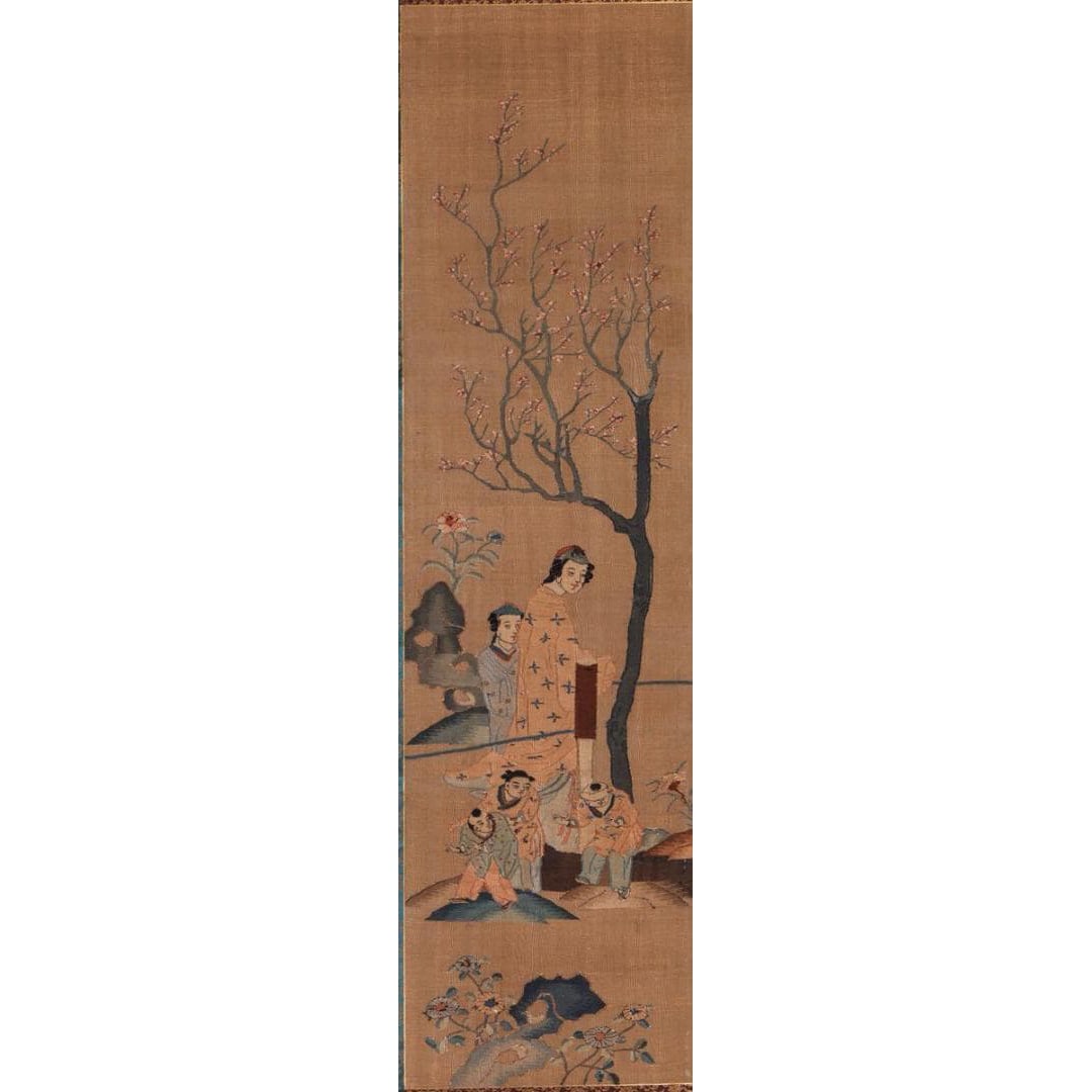 Silk Embroidery: Hanging Scroll with Incised Silk Design of Leisure Activities on Fragrant Ground: Silk Embroidery Hanging Scroll with Incised Silk Design of Ladies at Leisure on Fragrant Ground, Qing Dynasty This is an ancient fragment from the Qing Dynasty of China, known in the industry as a Qin