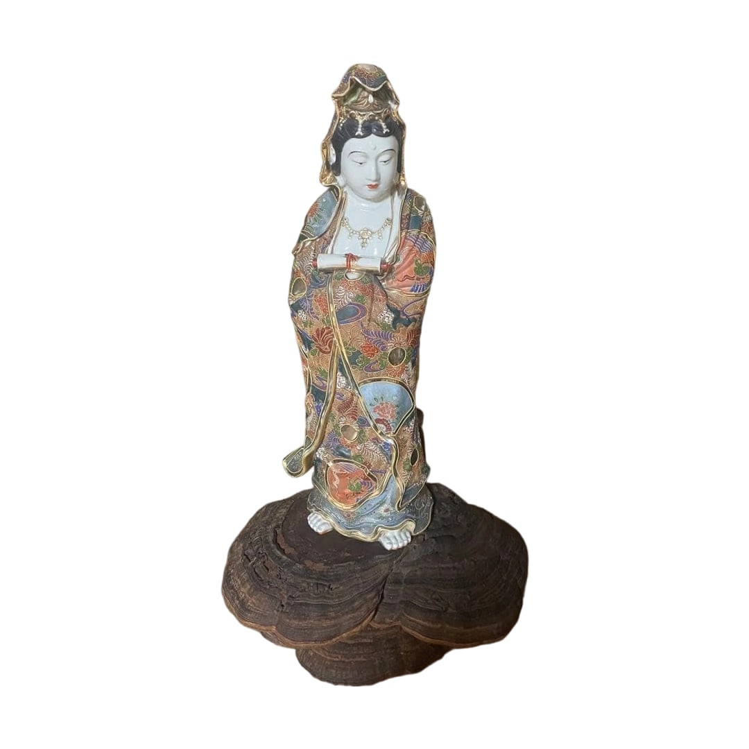Polychrome Ceramic Buddha Figure with Wooden Base (1 of 3)
