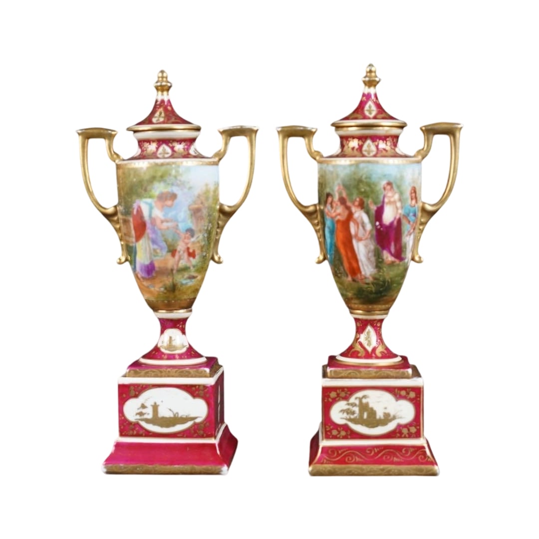 19th Century Royal Vienna, Vienna Porcelain Female Figure Double-Handled Decorative Vases, A Pair,: 19th Century Royal Vienna, Vienna Porcelain Female Figure Twin-Handled Decorative Vases, A Pair, Signed, Height 26.8 cm, Width 12.5 cm Some fading of gilt, with stains No damage or chips