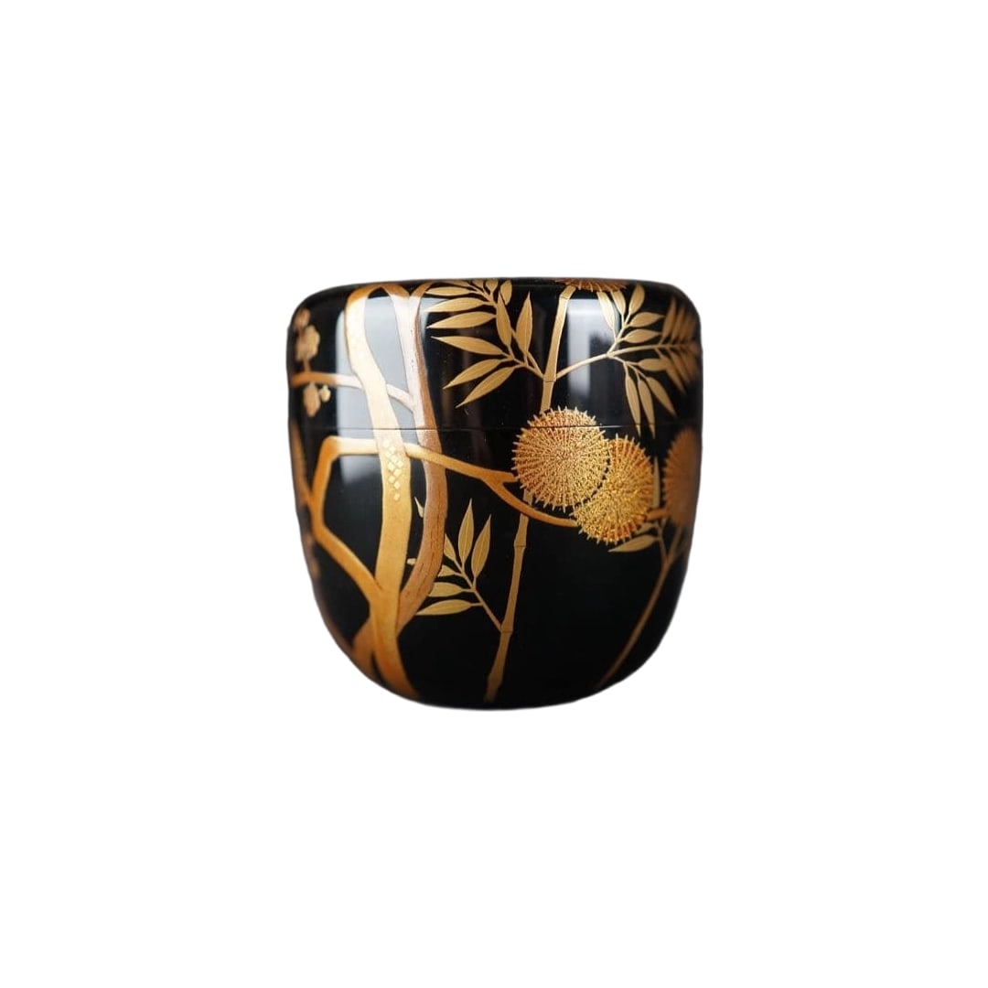 Matsunaga Shokan, "Pine, Bamboo, and Plum" Makie Natsume with Silver Interior, Tomobako, Tea: Matsunaga Shokan, "Shochikubai" Maki-e Natsume with Silver Interior, Accompanied by Tomobako, Tea Ceremony Utensil Height: 7.2 cm Width: 7.2 cm Accompanied by Tomobako and Cloth