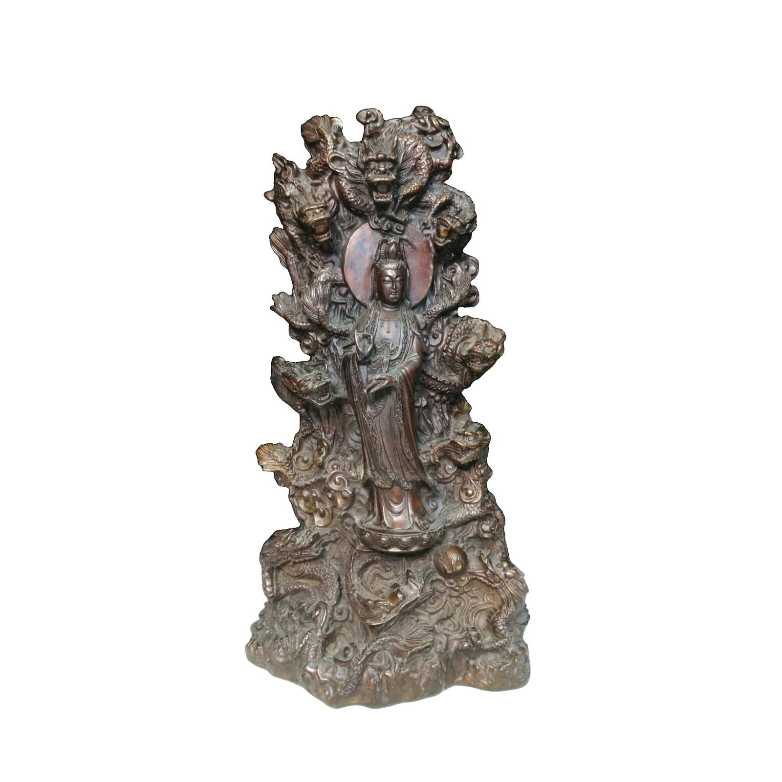 Qianlong Period Pure Copper Nine Dragons Guanyin Bodhisattva: This Nine Dragons Guanyin Bodhisattva is crafted from pure copper, marked from the Qianlong period, with a majestic form. The Guanyin is surrounded by nine dragons, symbolizing supreme power and auspi