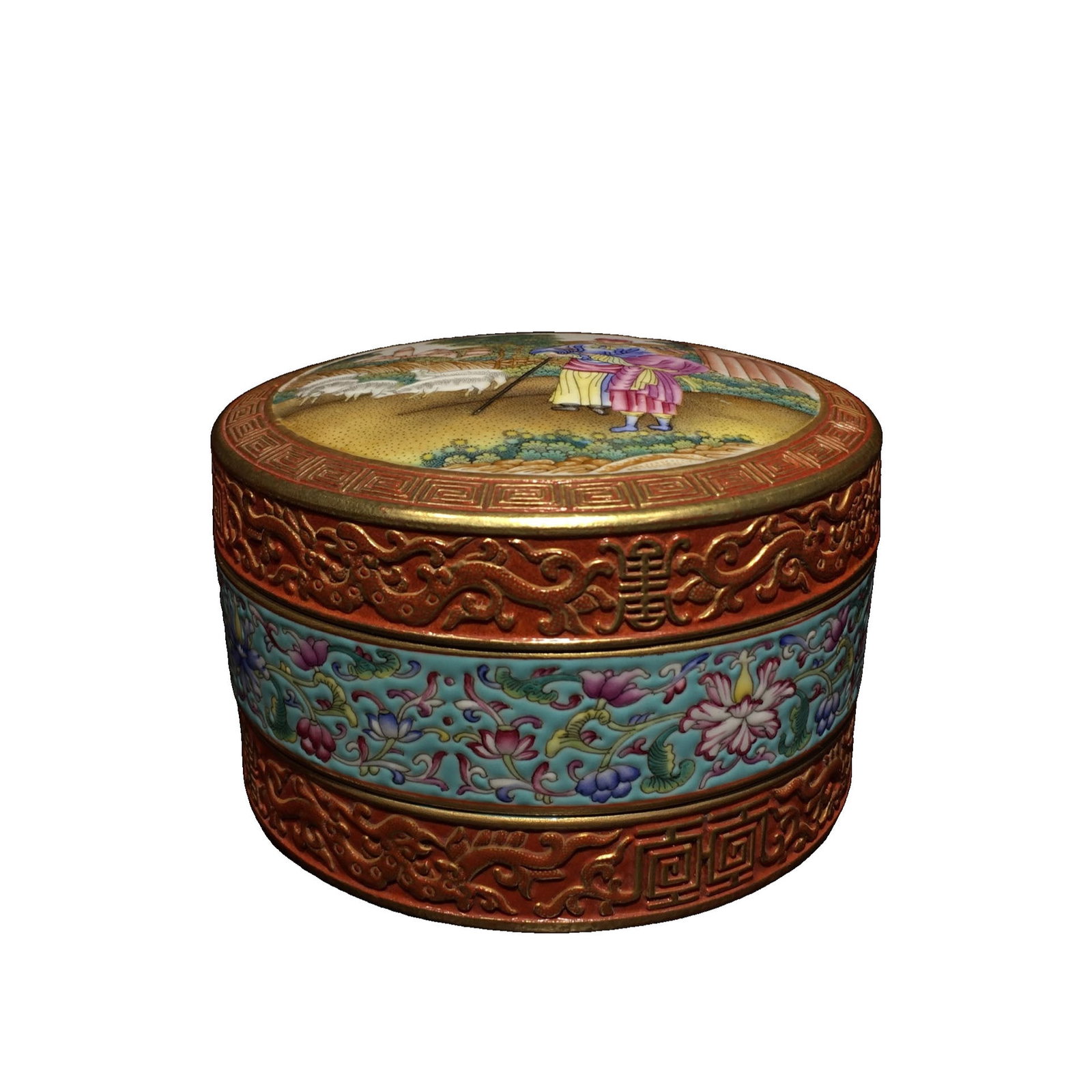 Famille Rose Enamel Western Figures and Floral Revolving Box (1 of 10)