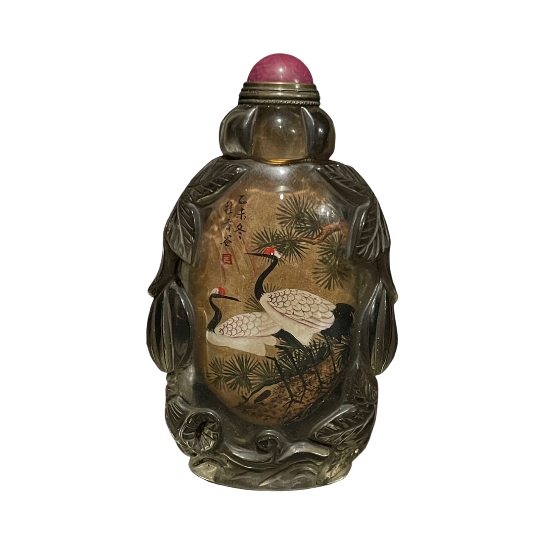 Old Glass Inside-Painted Snuff Bottle with Pine and Crane Design: This snuff bottle is made of old glass with an inside-painted design of pine and crane, symbolizing longevity and good fortune. Hand-painted by a renowned artist, it features exquisite craftsmanship