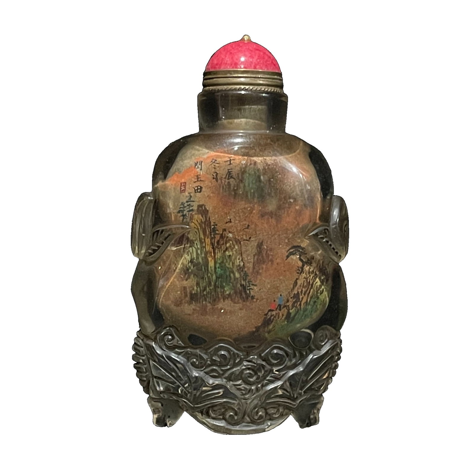 Glass Inner Painting Landscape Snuff Bottle: This old glass inner painting snuff bottle features a landscape theme, hand-painted by a renowned artist with exquisite craftsmanship and perfect condition. Its unique artistic style combined with