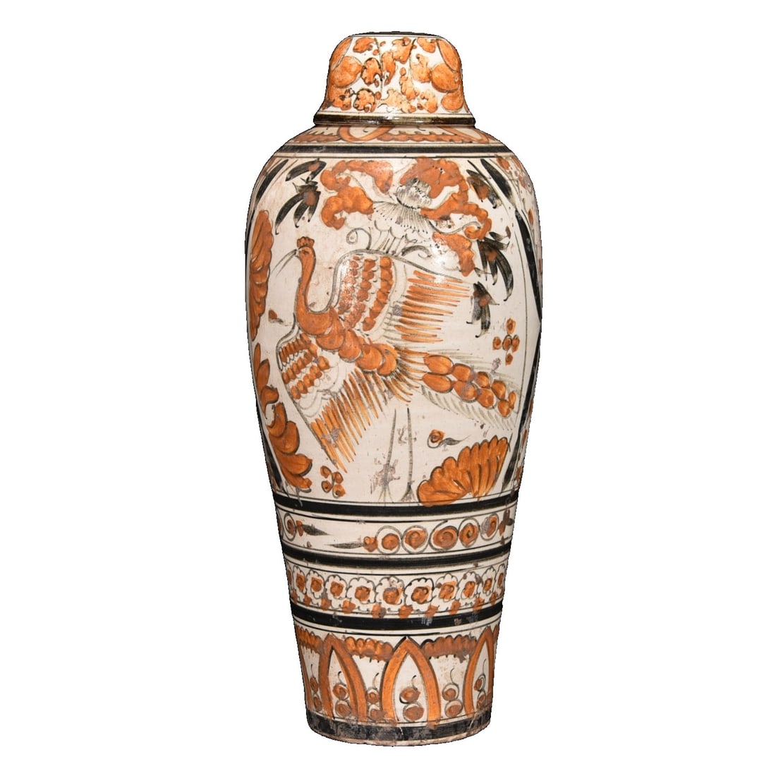 Song Dynasty Cizhou Kiln Painted Phoenix Pattern Plum Vase: This plum vase is a product of the Song Dynasty Cizhou Kiln, featuring vividly painted phoenix patterns that demonstrate exquisite craftsmanship. The vase has smooth lines and an elegant shape, making