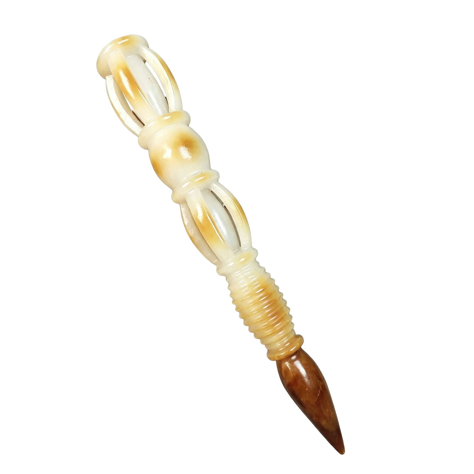 Hetian Jade Vajra Pestle: This Hetian jade vajra pestle features exquisite craftsmanship with smooth lines. The jade is warm and translucent, exuding an ancient and elegant charm, making it a collectible treasure. 175/25 cm,