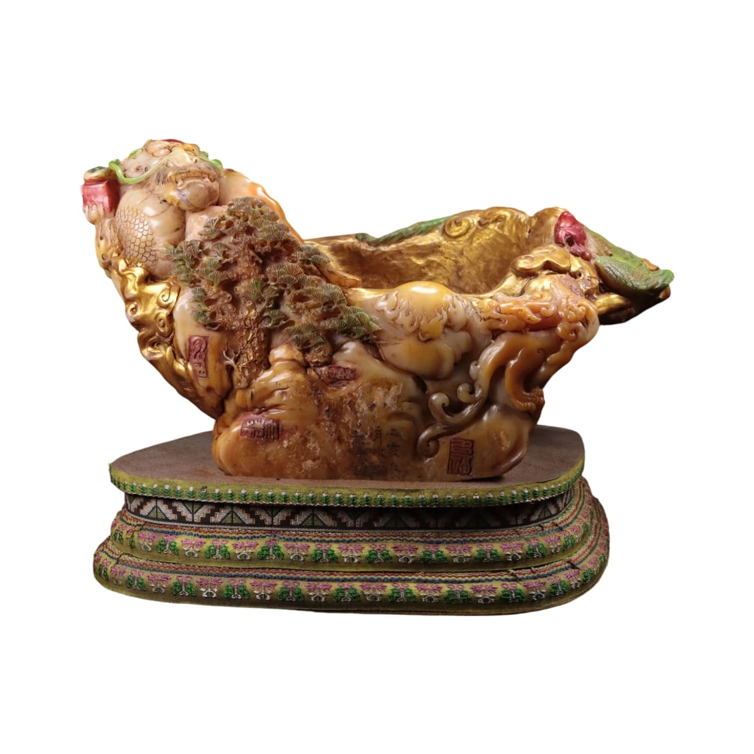 Shoushan Tianhuang Stone Dragon and Phoenix Treasure Basin Ornament: An exquisite Shoushan Tianhuang stone from an old collection, marked with 'Cixian'. The material is superior, with beautiful color and a rich patina, exuding an antique charm. The lines are smooth, cr