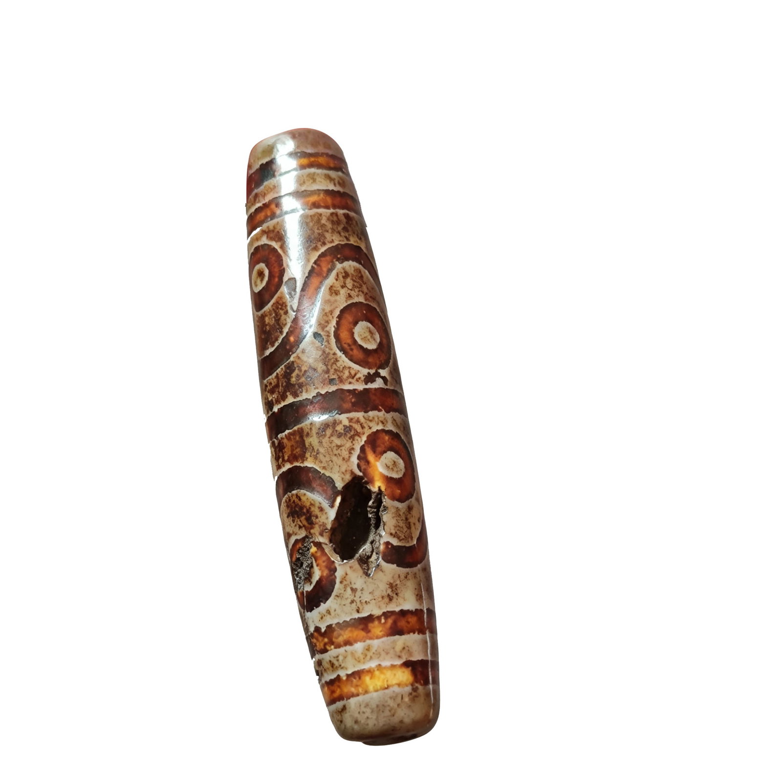 Old Dzi Bead with Eight Eyes: This old Dzi bead is renowned for its unique eight-eye pattern, with clear textures and natural patina, reflecting the passage of time. The bead features a medicine-taking point, adding to its mystiqu