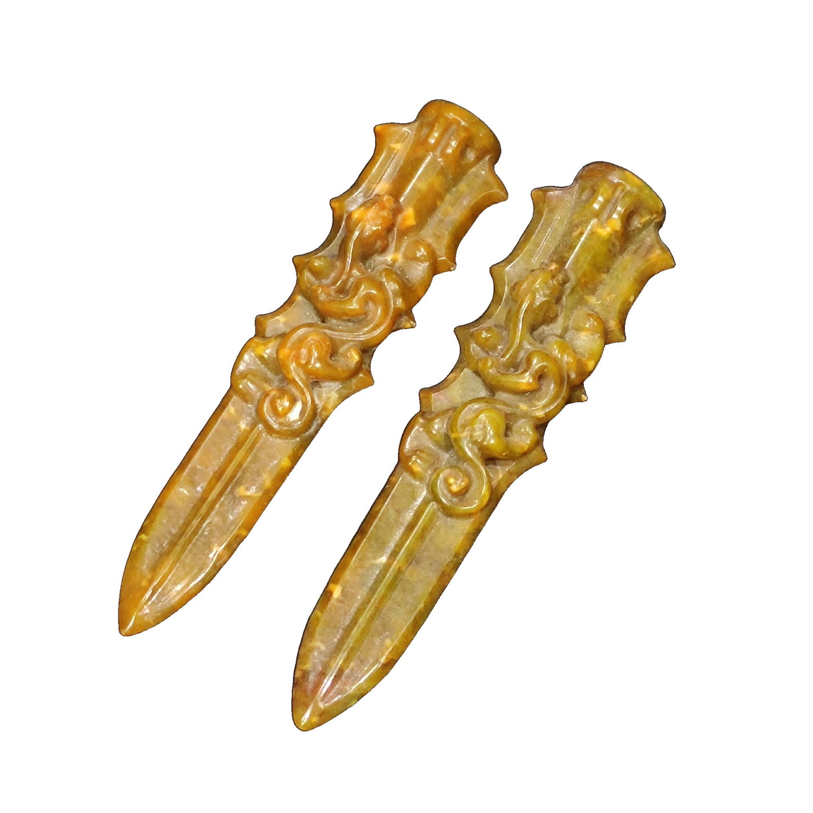 Pair of Ancient Jade Spearheads Total weight 146.2 grams: This pair of ancient jade spearheads showcases the exquisite craftsmanship of ancient times, with smooth jade texture and precise form, holding significant historical and cultural value.