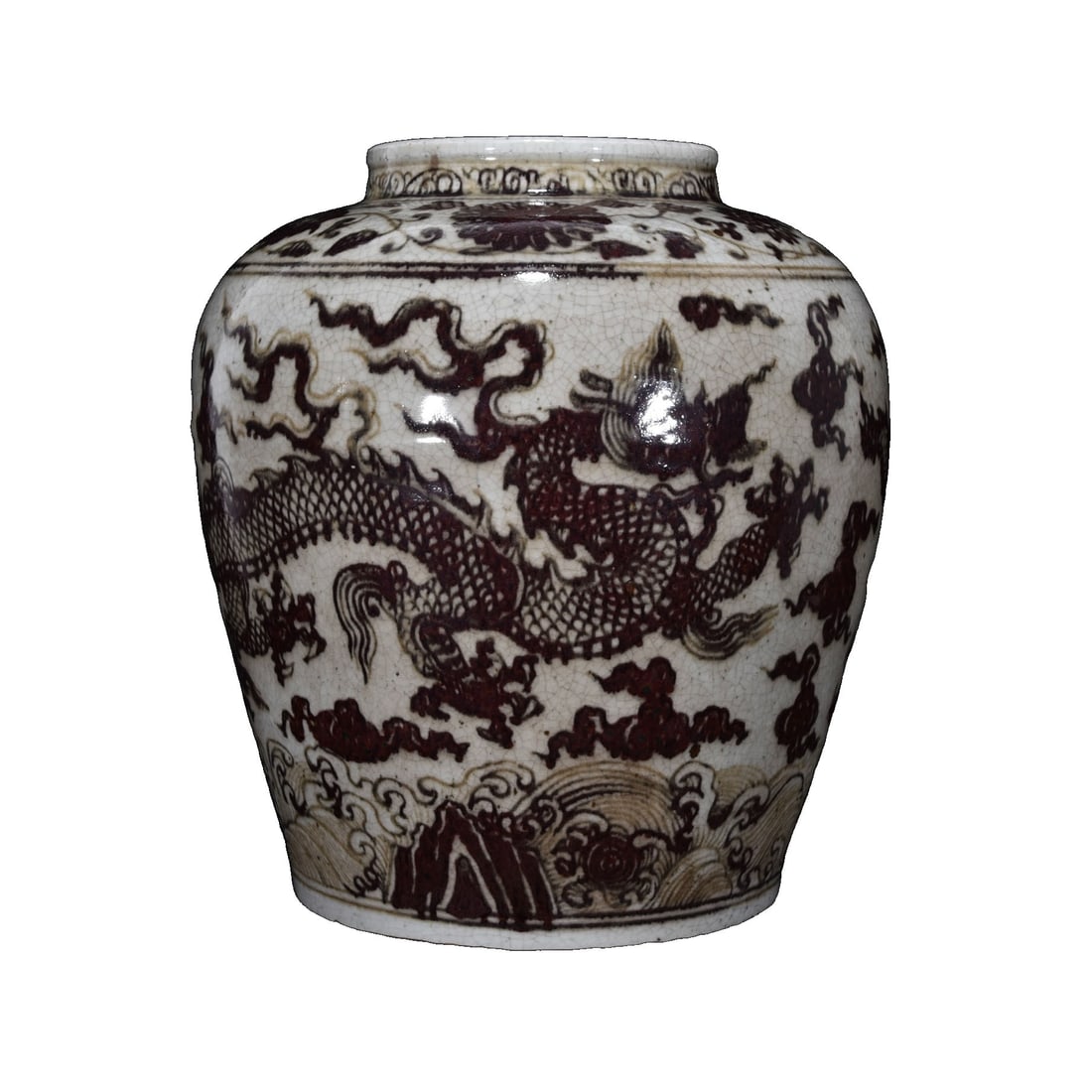Yuan Dynasty Underglaze Red Dragon Jar: This Yuan Dynasty underglaze red dragon jar features vibrant glaze and vivid dragon patterns, showcasing the exquisite ceramic craftsmanship of the Yuan period. The jar has well-proportioned body and