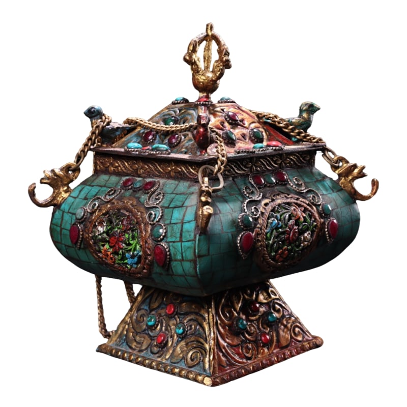 Pure Copper Inlaid Gemstone Painted Gilt Hanging Incense Burner: This incense burner is made of pure copper, inlaid with gemstones, and decorated with polychrome painting and gilding, showcasing exquisite craftsmanship. Its beautiful shape, coupled with an antique