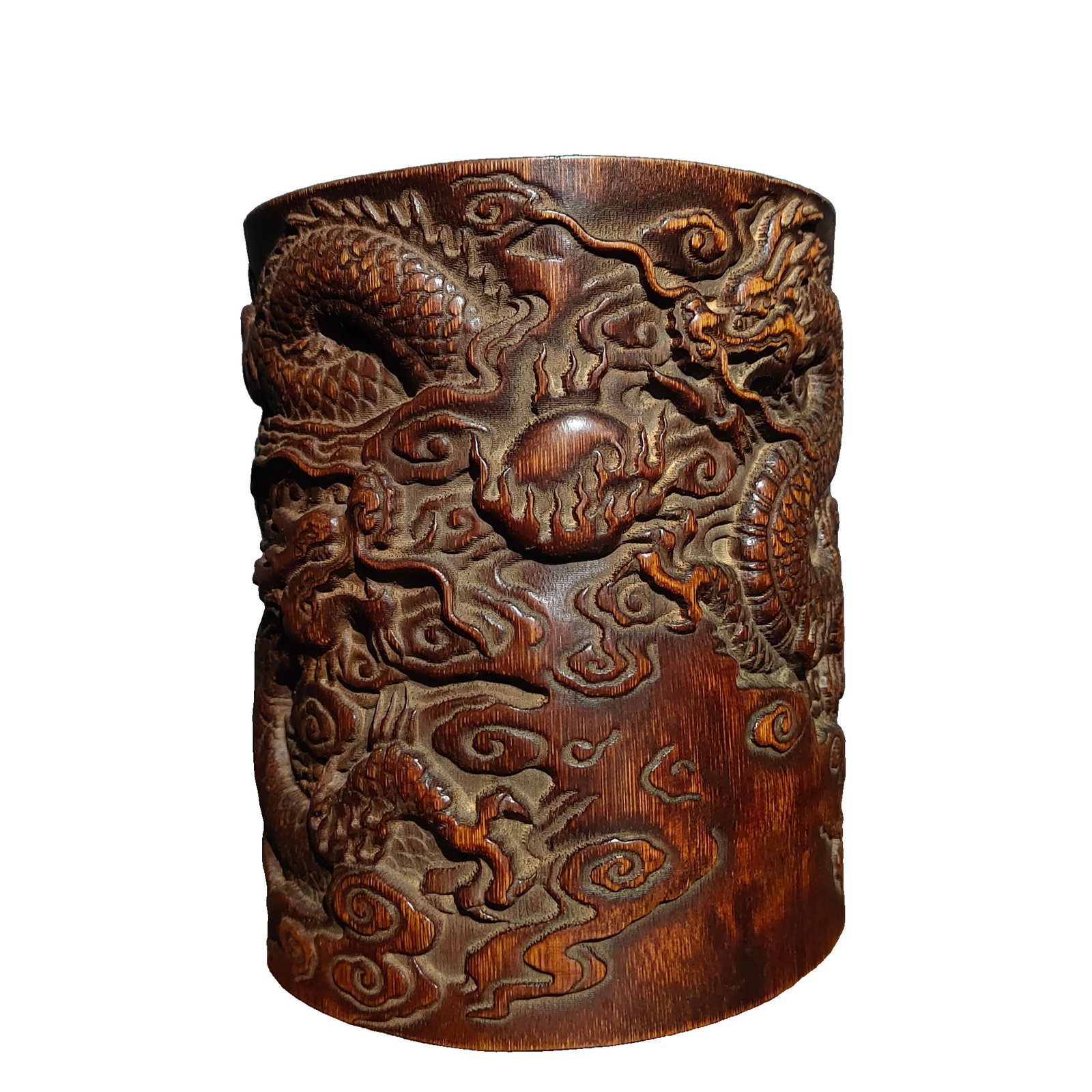 Modern Bamboo Carved Pen Holder Double Dragons Playing with Pearl: This bamboo carved pen holder is made from aged bamboo root, featuring exquisite carvings of double dragons playing with a pearl, symbolizing good fortune. It is suitable for decoration and