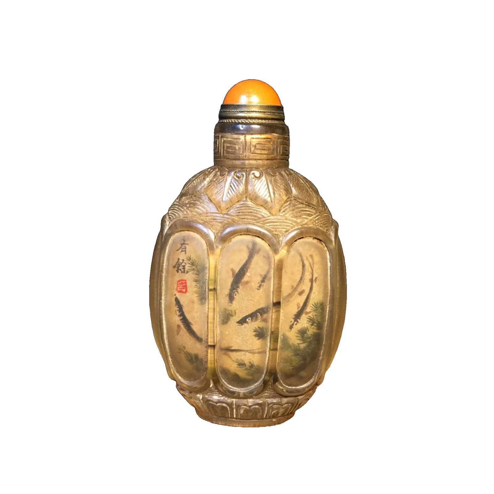 Glass Carved Inside-Painted Snuff Bottle: This glass snuff bottle showcases exquisite artistry with its inside-painted technique. The body is intricately carved, with rich colors and superb craftsmanship. Its compact size and delicate