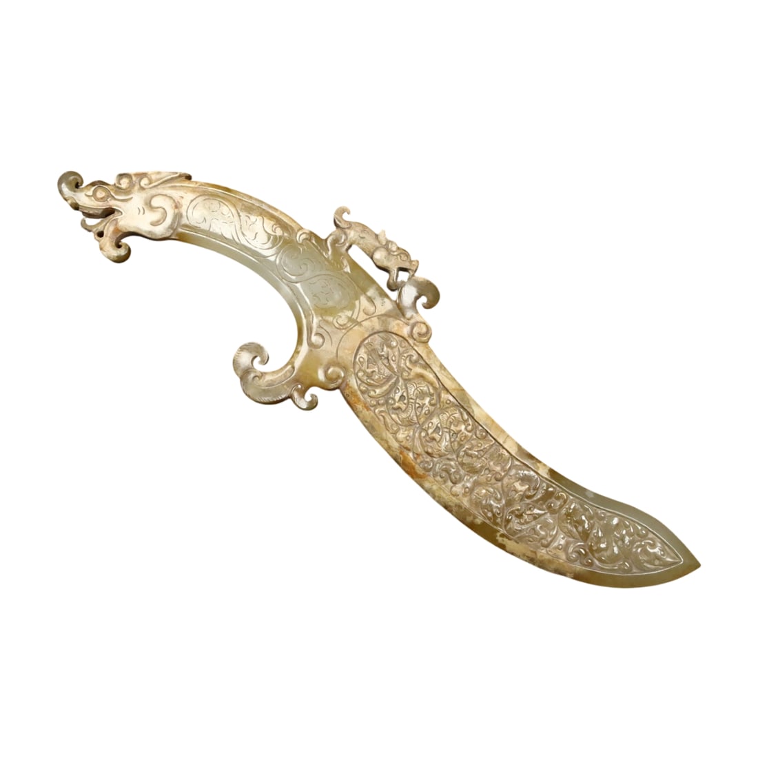 Hetian Jade Weapon: This Hetian jade weapon features fine and smooth jade quality with an aged patina, reflecting the sediment of time and historical depth. The details are exquisite, and the craftsmanship is