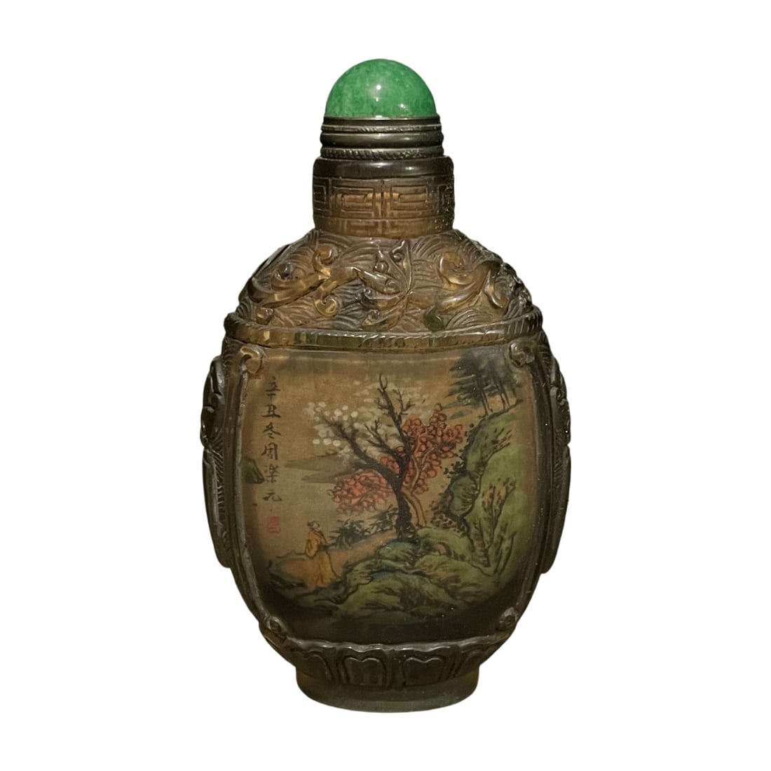 Old Glass Inside-Painted Snuff Bottle with Landscape: This snuff bottle is made of old glass with inside-painted landscape, showcasing meticulous craftsmanship by a renowned artist. The overall condition is perfect, reflecting the exquisite traditional