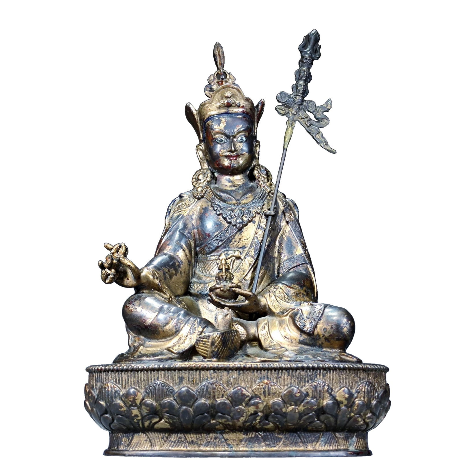 A Qing Dynasty gilt bronze statue of Padmasambhava: A Qing Dynasty gilt bronze statue of Padmasambhava Height 33 cm / Base 17.5 x 12.5 cm Weight 7.4 catties