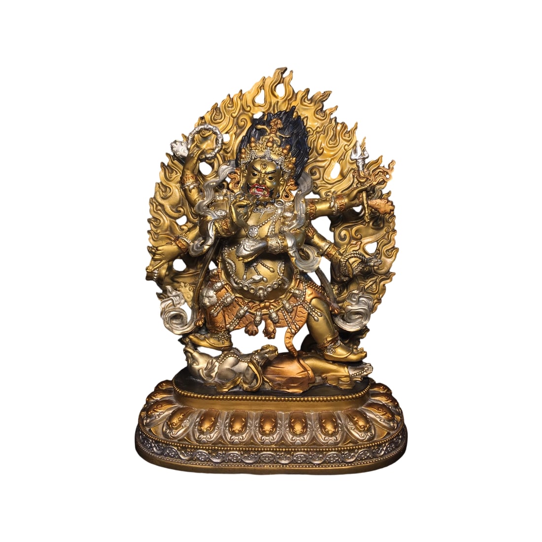 Fine Copper Painted Six-Armed Mahakala: This fine copper painted six-armed Mahakala showcases exquisite craftsmanship and a unique design, embodying a profound sense of religious artistry. Its thick patina highlights the passage of time