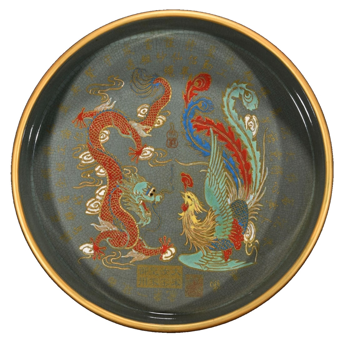 Song Dynasty Ru Kiln Gilded Painted Dragon and Phoenix Tripod Wash: This Ru kiln tripod wash features gilded and painted dragon and phoenix motifs, showcasing exquisite craftsmanship and the unique charm and elegance of Song Dynasty porcelain. Its beautiful shape and 