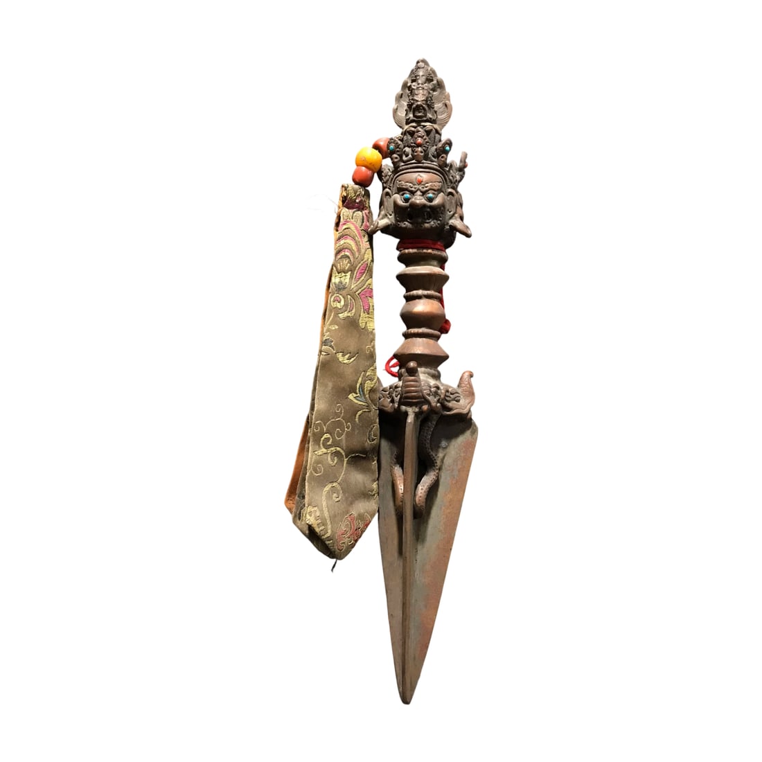 Old Copper Engraved Ritual Object: This old copper ritual object is crafted with hand-hammered and engraved techniques. The base is carved from Bodhi root and inlaid with gemstones. It features a thick patina and exquisite