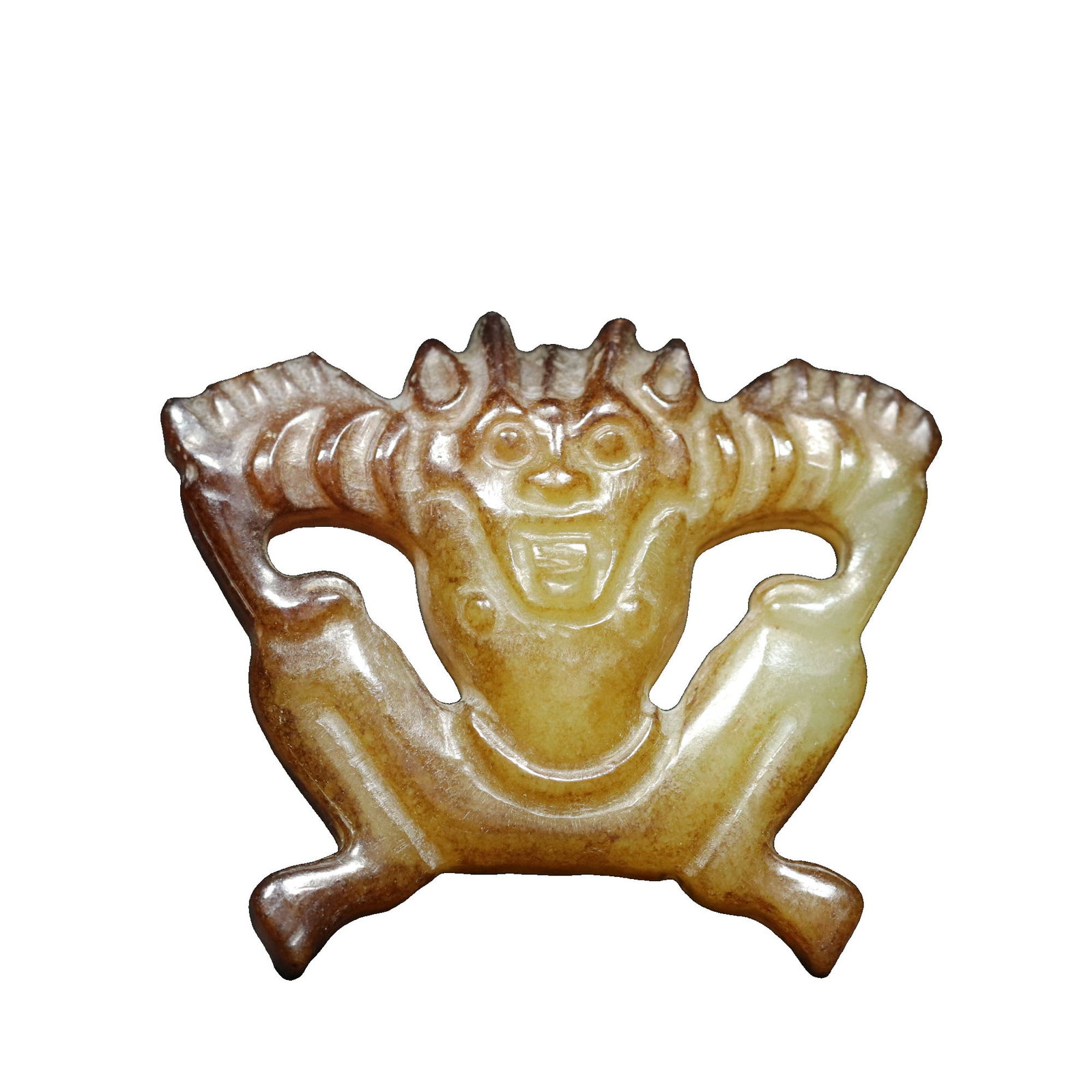 Fine Antique He Tian Jade Shaman Inlay: This antique He Tian jade shaman inlay features exquisite carving, delicate jade quality, and a rich patina, with vivid and lifelike details. Its unique artistic style and historical value make it a p