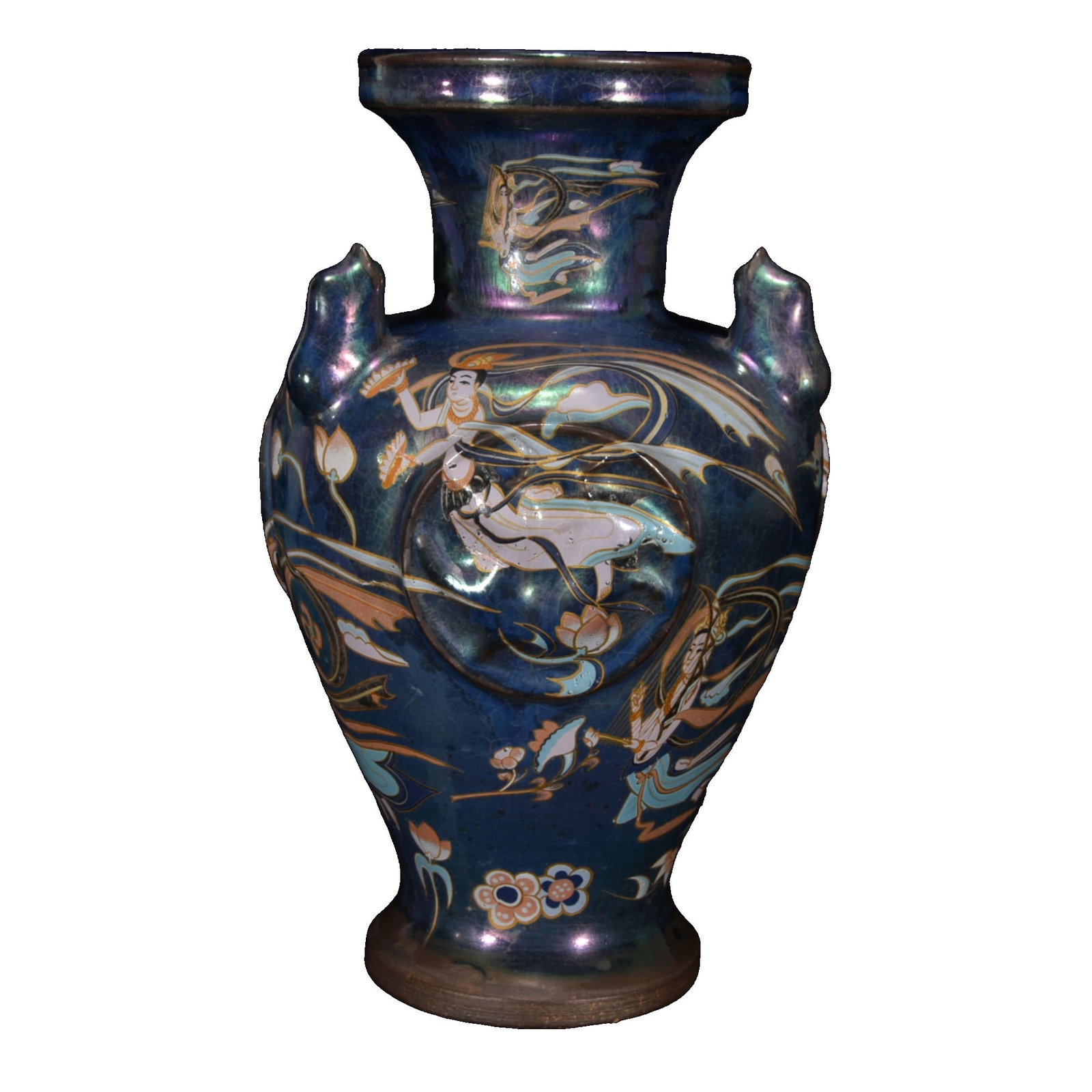 Song Dynasty Jian Kiln Colorful Buddha Pattern Bottle: This Jian kiln colorful Buddha pattern bottle features an elegant shape and rich glaze colors, showcasing the exquisite and unique craftsmanship of the Song Dynasty. The Buddha pattern decoration on