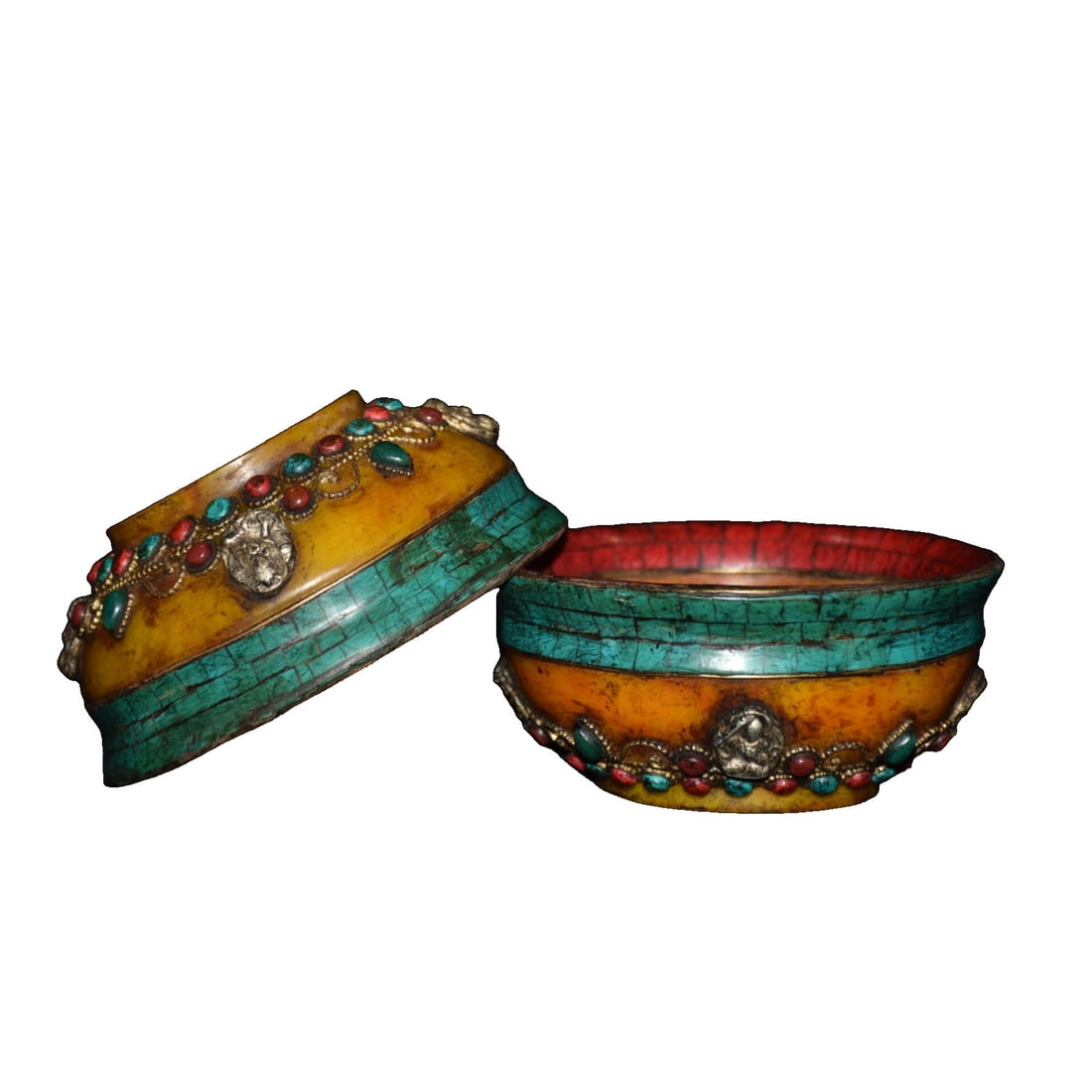 Early Collection Nepalese Inlaid Red Pine and Green Pine Gemstone Amber Bowl (1 of 10)