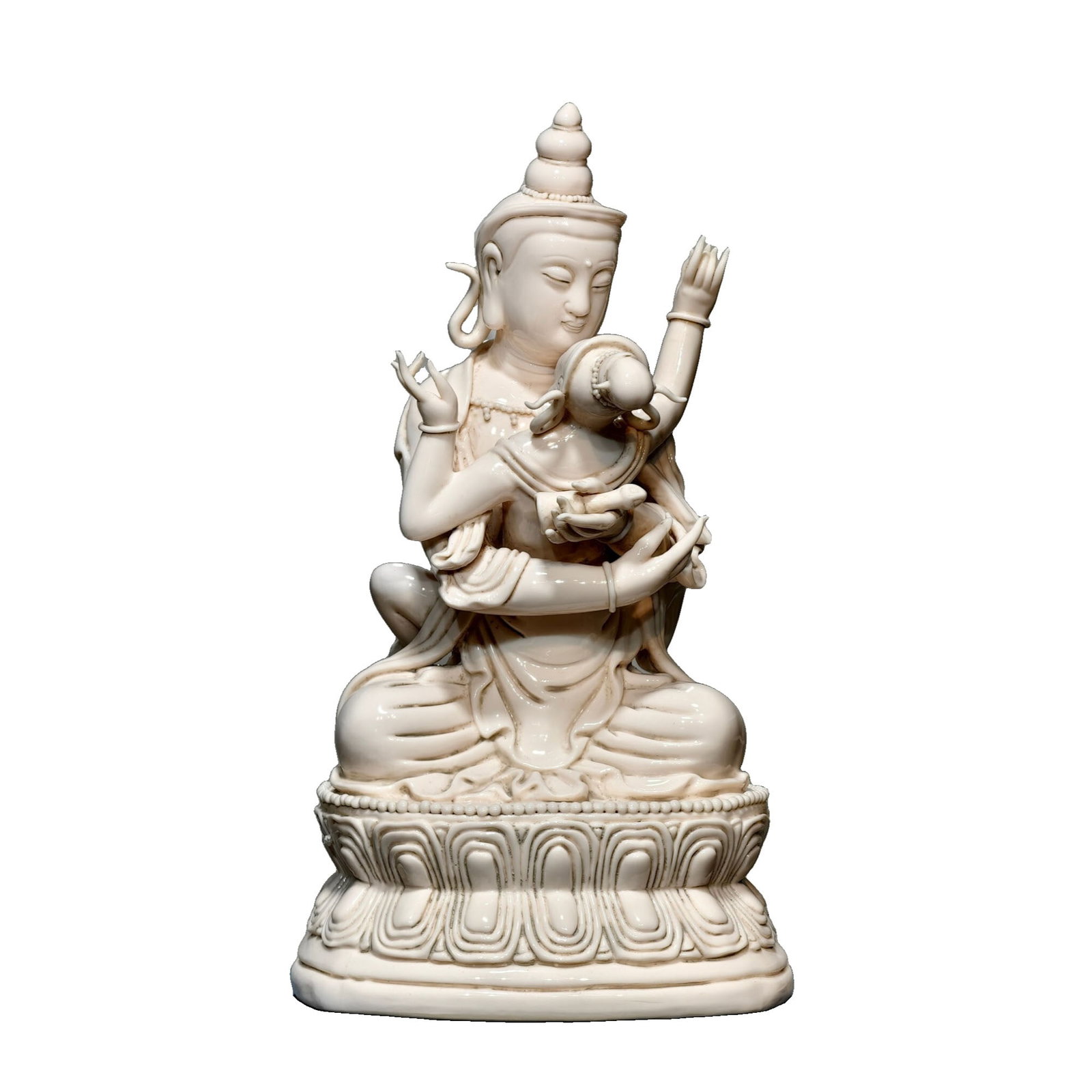 Dehua Kiln White Porcelain Kneaded Sculpture of Happy Bodhisattva by He Chaozong: This Dehua kiln first-class piece features agate in the glaze, showcasing a beautiful translucent orange-yellow. The sculpture is lustrous and delicate, with a pure glaze and a milk-white color. The d