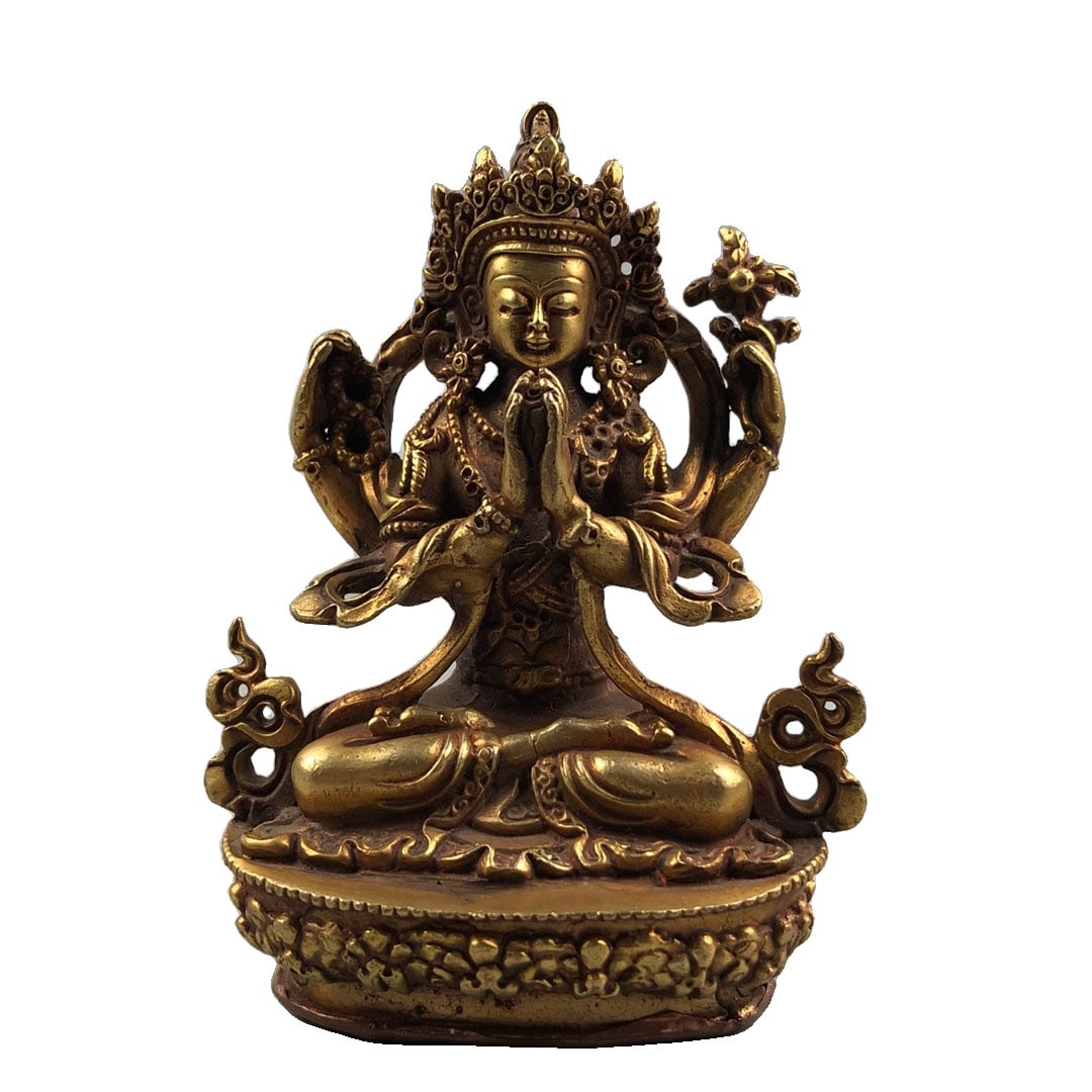 Gilded Copper Buddha in Palm: This gilded copper Buddha statue showcases exquisite craftsmanship and elegant form, reflecting the profound heritage of Buddhist art. The delicate carvings and lustrous metallic texture complement