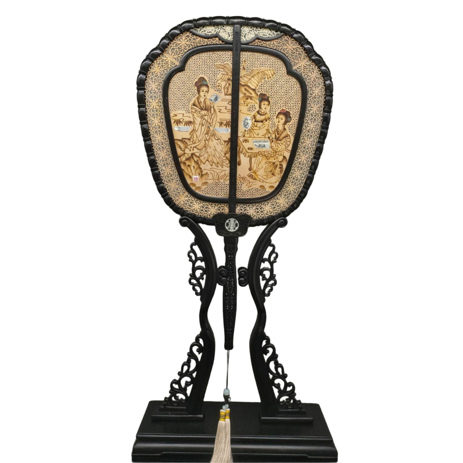 Hollow Carved Sandalwood Palace Fan with Elegant Female Figure: This hollow carved sandalwood palace fan features an elegantly depicted female figure, showcasing exquisite craftsmanship and artistic charm. The delicate fan surface is perfect for collection and