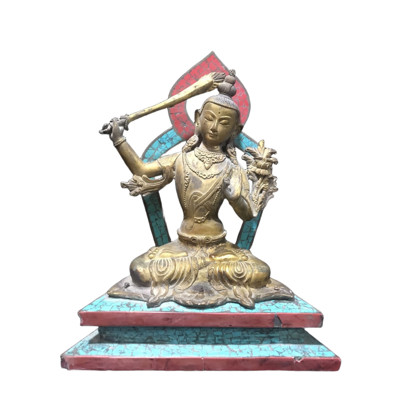 Pure Copper Inlaid Gemstone Painted and Gilded Guanyin Statue: This Guanyin statue is handcrafted from pure copper, showcasing exquisite craftsmanship and a unique design. The combination of inlaid gemstones and painted gilding highlights its artistic value and