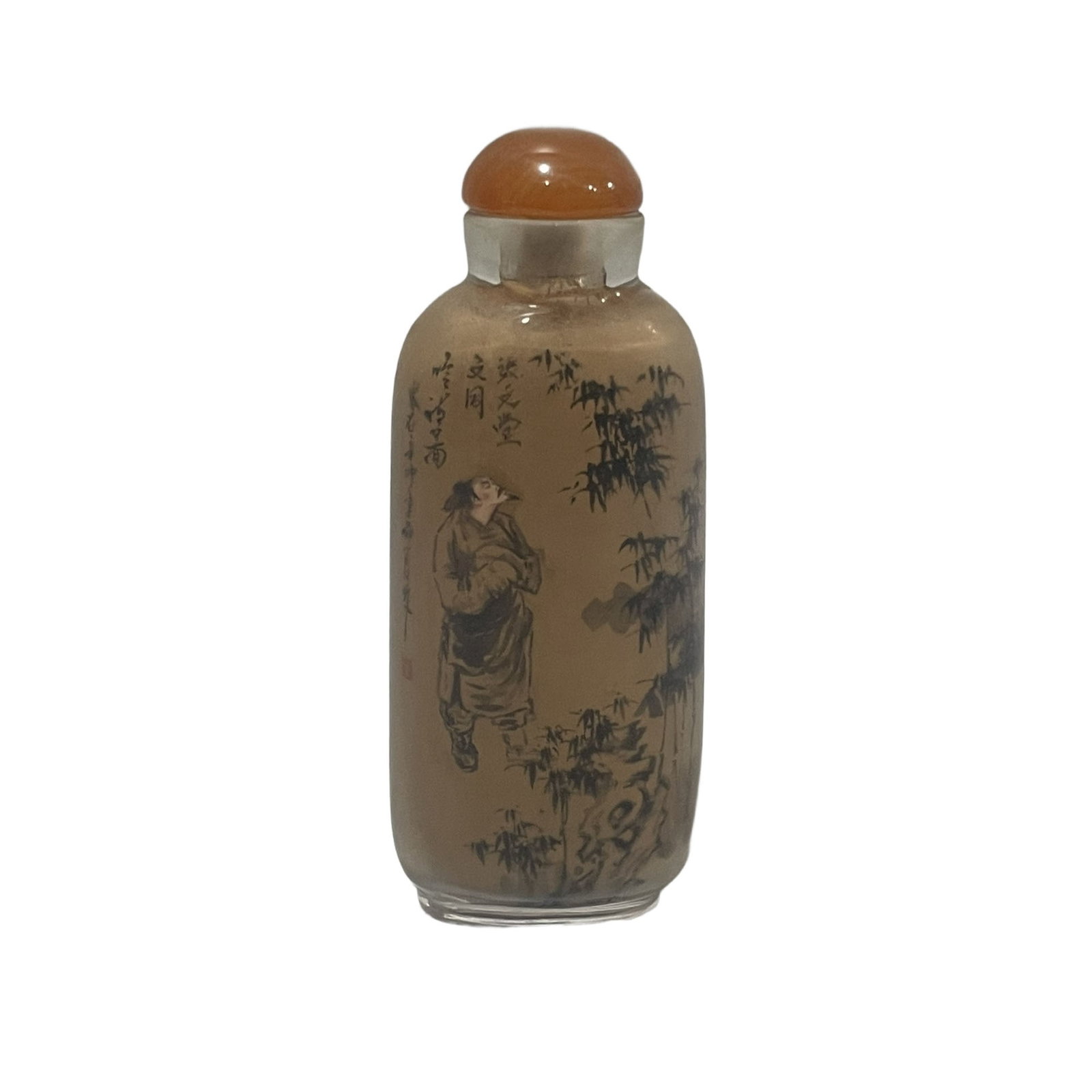 Old Glass Snuff Bottle with Inner Painting of Figures and Poetry: This snuff bottle features an exquisite and elegant shape, with inner painting depicting figures and poetry. The details are well executed, showcasing a rich patina, signed by a renowned artist, and