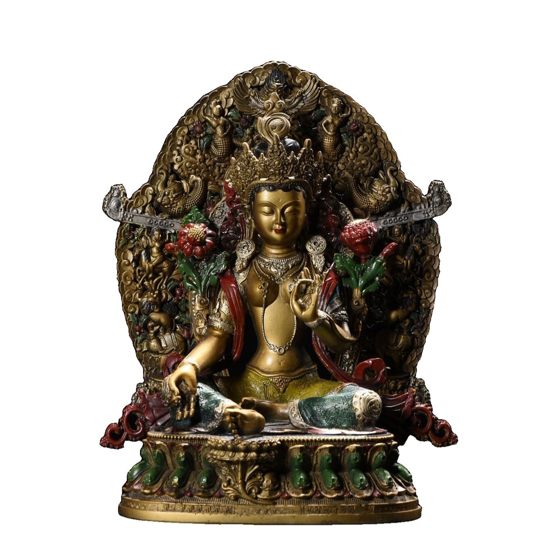 Copper Painted Green Tara Statue: This copper painted Green Tara statue showcases exquisite craftsmanship and vibrant colors, embodying the compassion and wisdom of Green Tara. Its elegant form and vivid details offer significant