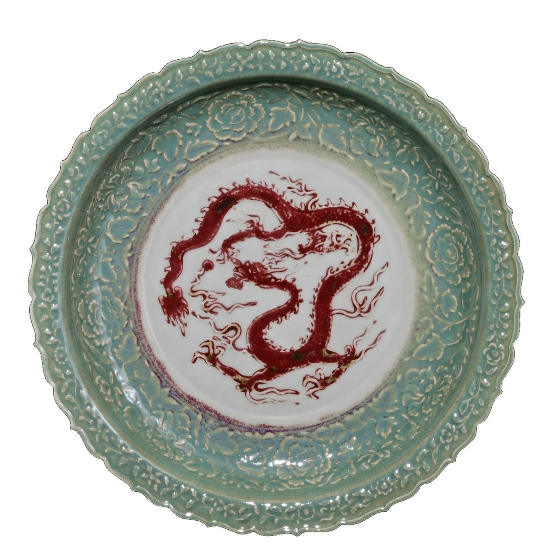 Yuan Dynasty Turquoise Glaze White-Reserved Red-Decorated Floral Dragon Plate: This plate features a turquoise glaze with exquisite white-reserved craftsmanship, showcasing floral and dragon motifs in red carving that complement each other beautifully, reflecting the unique