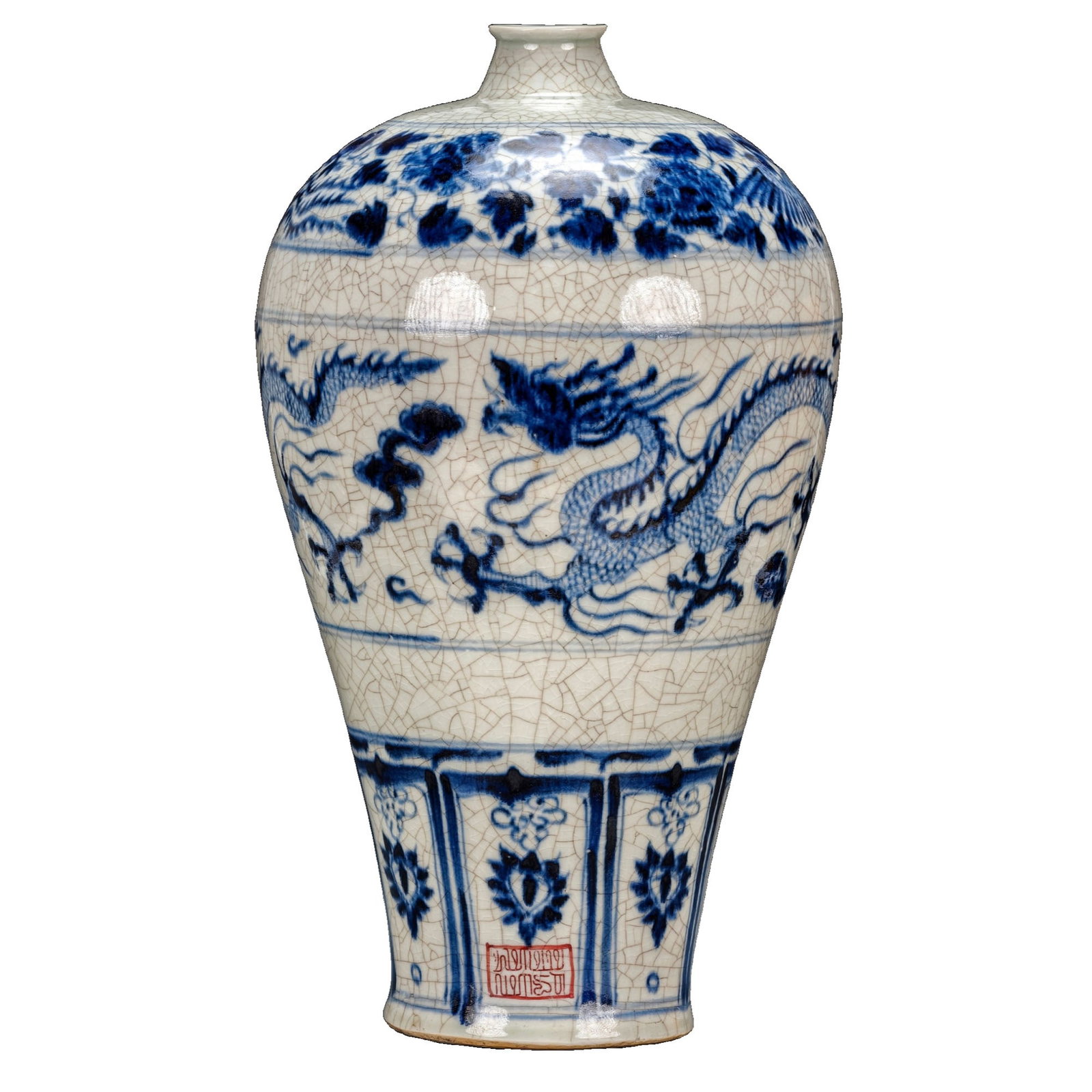 Yuan Dynasty Blue and White Dragon Amidst Clouds Meiping with Phags-pa Script: This meiping features a traditional shape with a continuous blue and white design of 'Dragon Amidst Clouds'. The glaze is even and full, with a lustrous appearance. The blue and white decoration uses