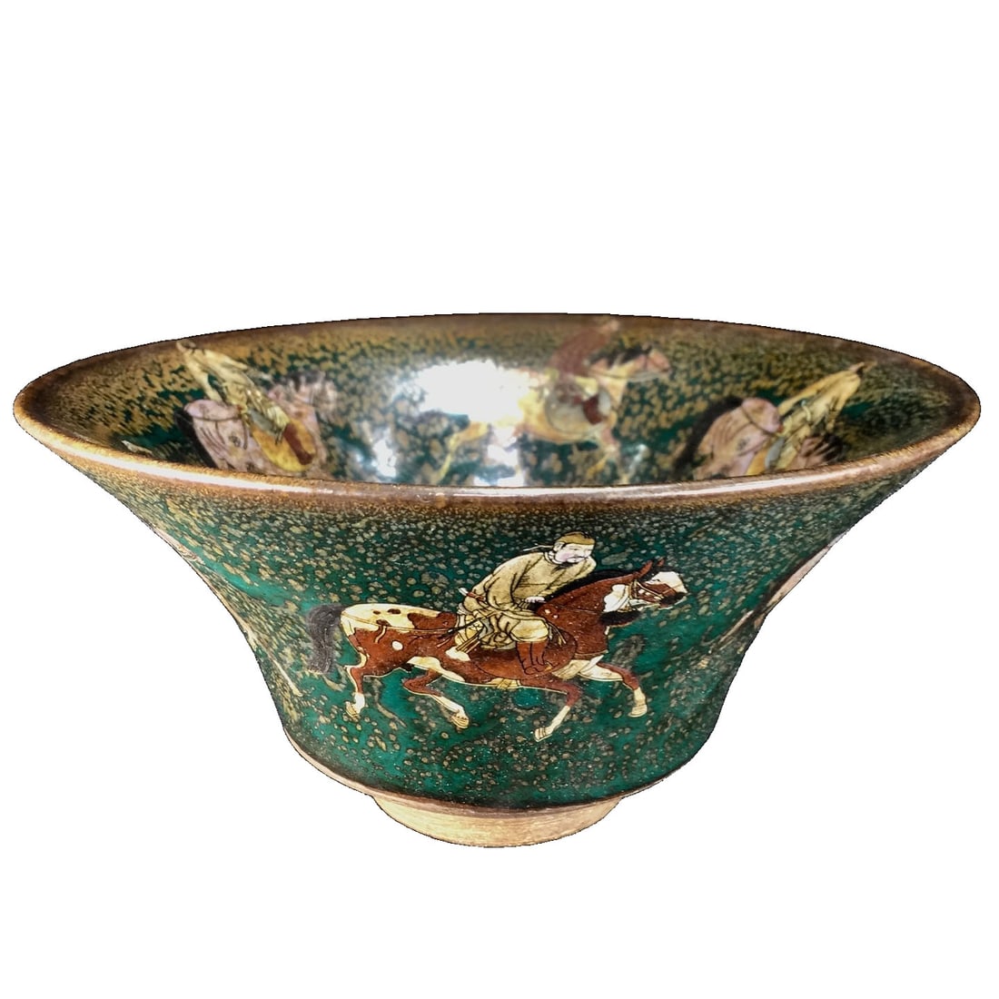 Song Dynasty Jian Kiln Polychrome Horseman Pattern Douli Bowl: This Douli bowl is a fine work from the Song Dynasty Jian Kiln, featuring vividly painted horseman patterns that showcase the superb craftsmanship of ancient artisans. The patina of age naturally