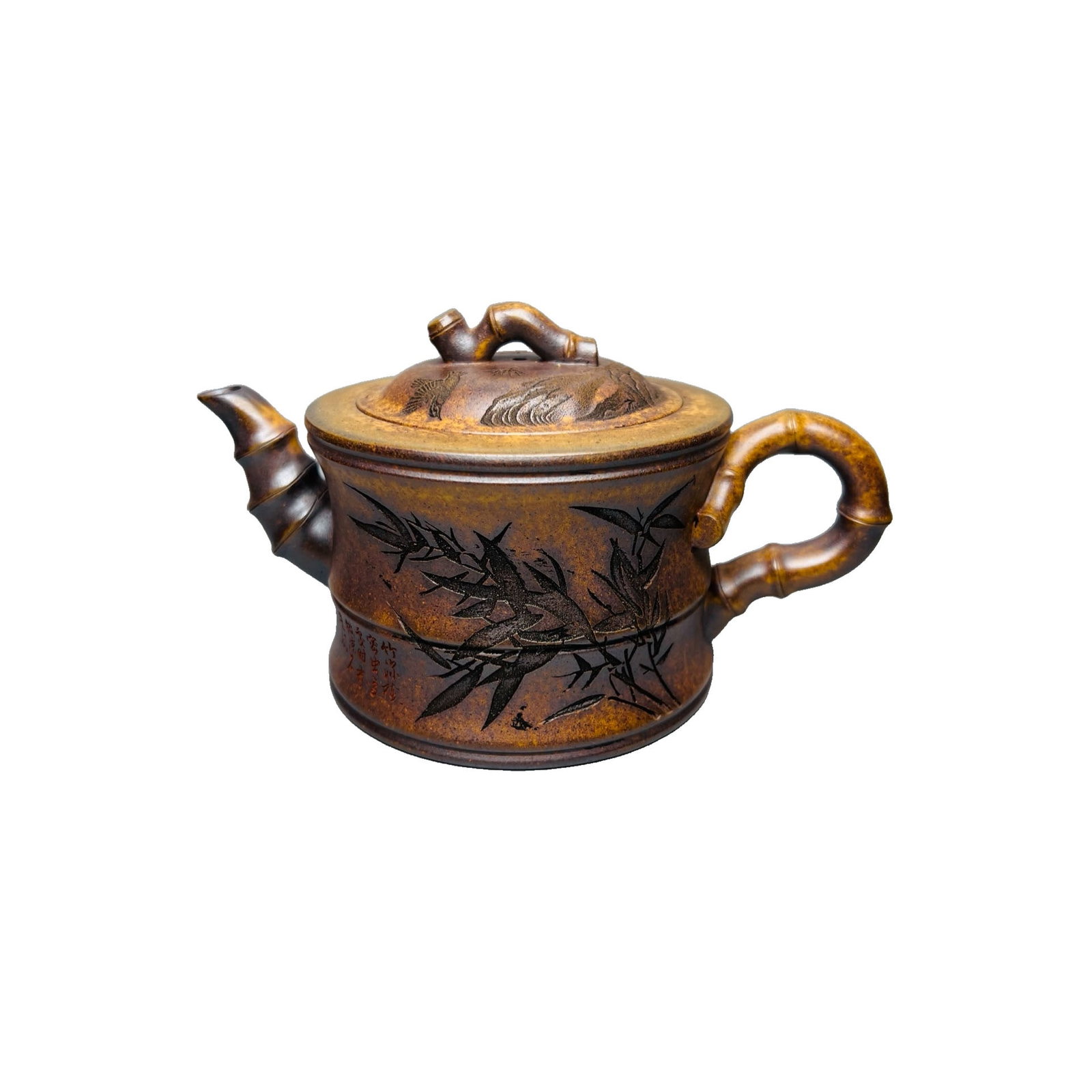 Yixing Original Mineral Zisha Wood-fired Bamboo Section Teapot 400cc: This Yixing Zisha teapot, crafted by renowned artisan Wang Yan, utilizes original mineral zisha and wood-fired techniques, showcasing the natural texture and feel of bamboo sections. The teapot